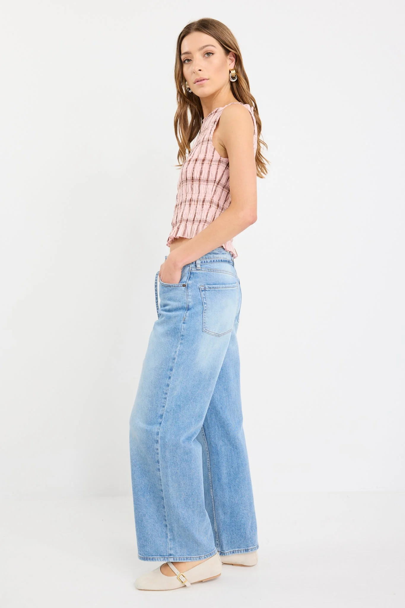 Forsaken Blush Check Shirred Sleeveless Shell Top - Image 7