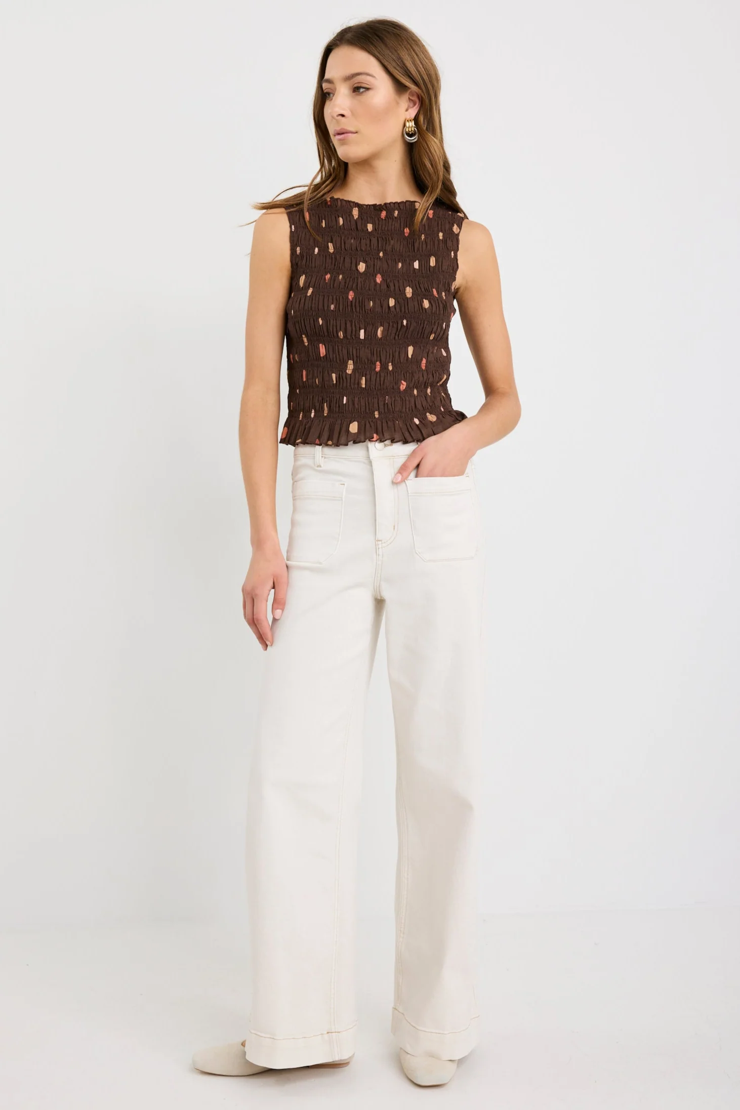Forsaken Chocolate Multi Polka Dot Shirred Sleeveless Shell Top - Image 3