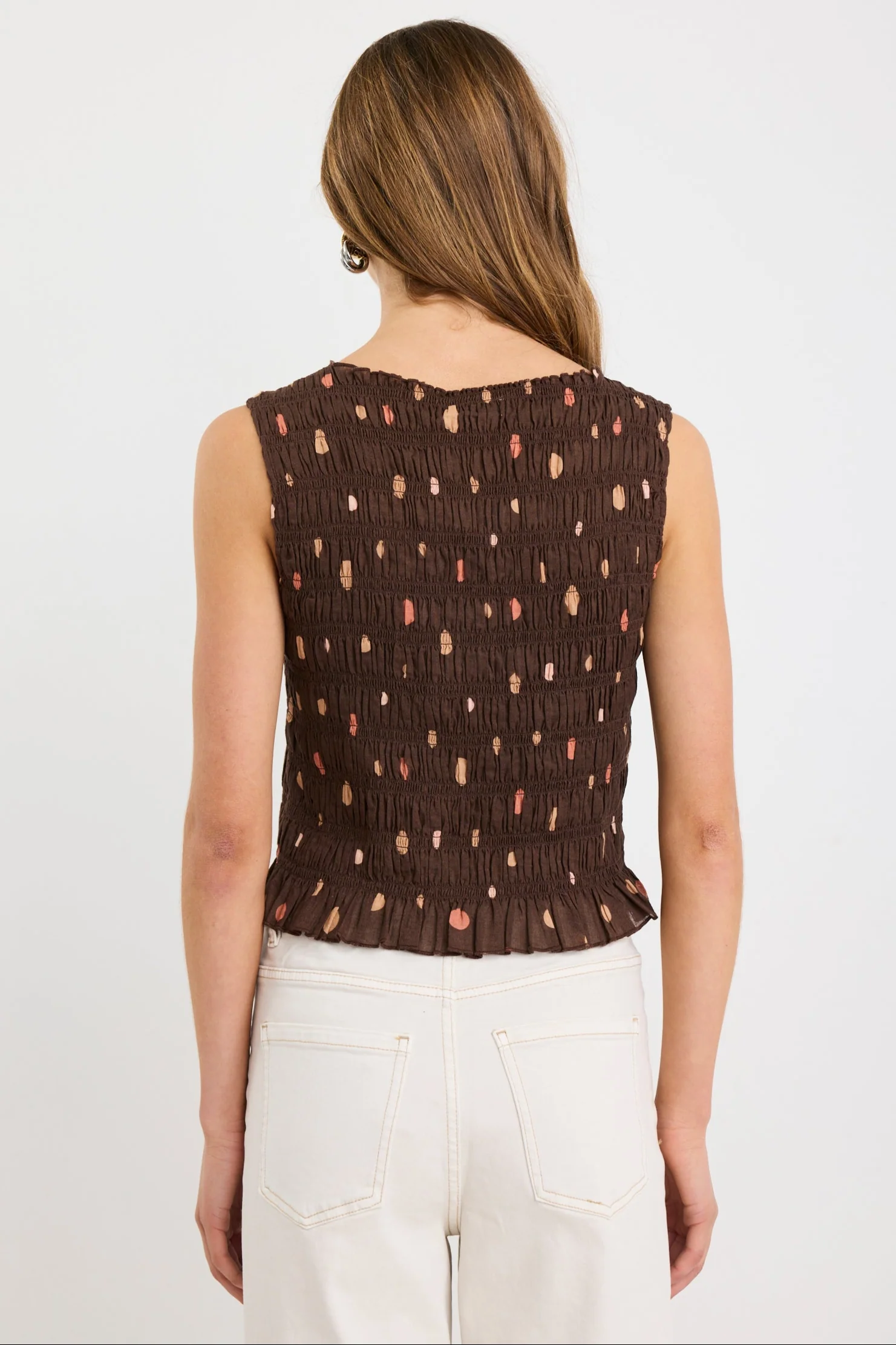 Forsaken Chocolate Multi Polka Dot Shirred Sleeveless Shell Top - Image 5