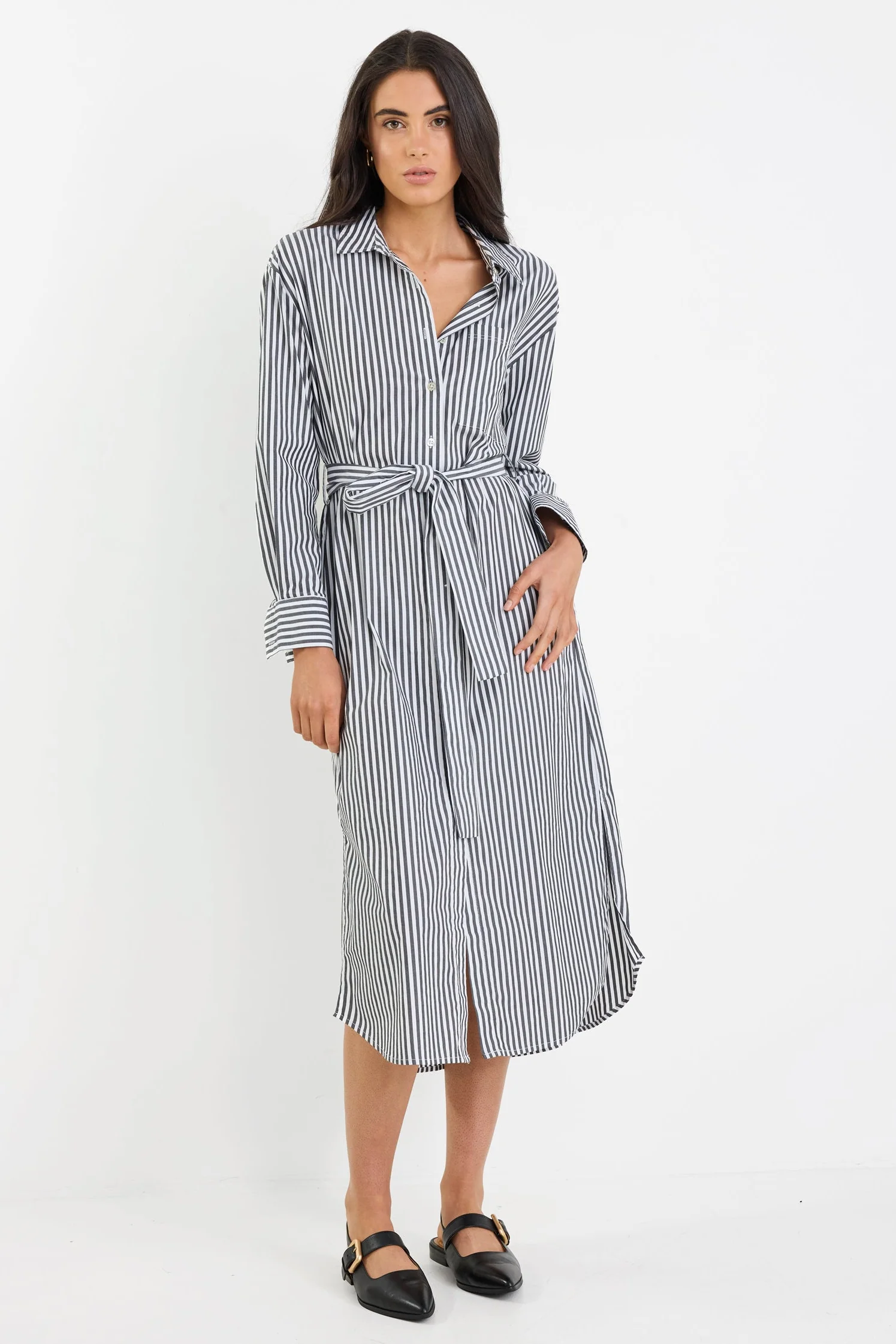 Forward Black Stripe Cotton Midi Shirt Dress - Image 3