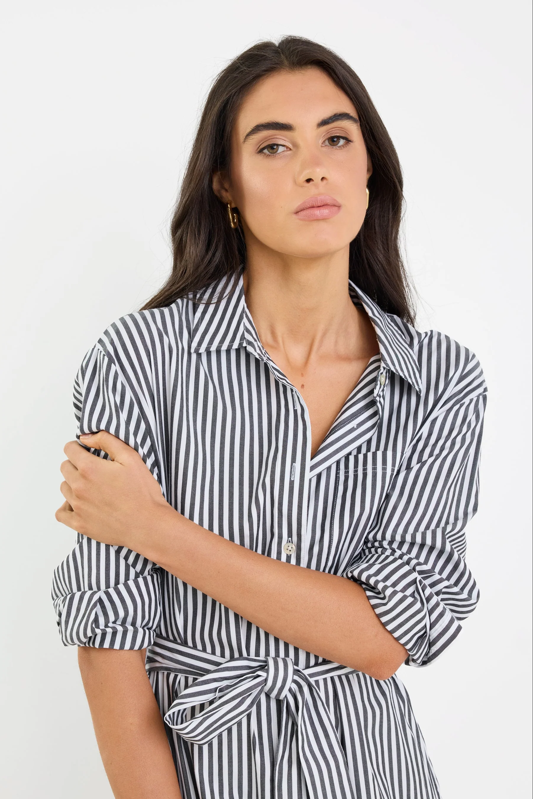 Forward Black Stripe Cotton Midi Shirt Dress - Image 5