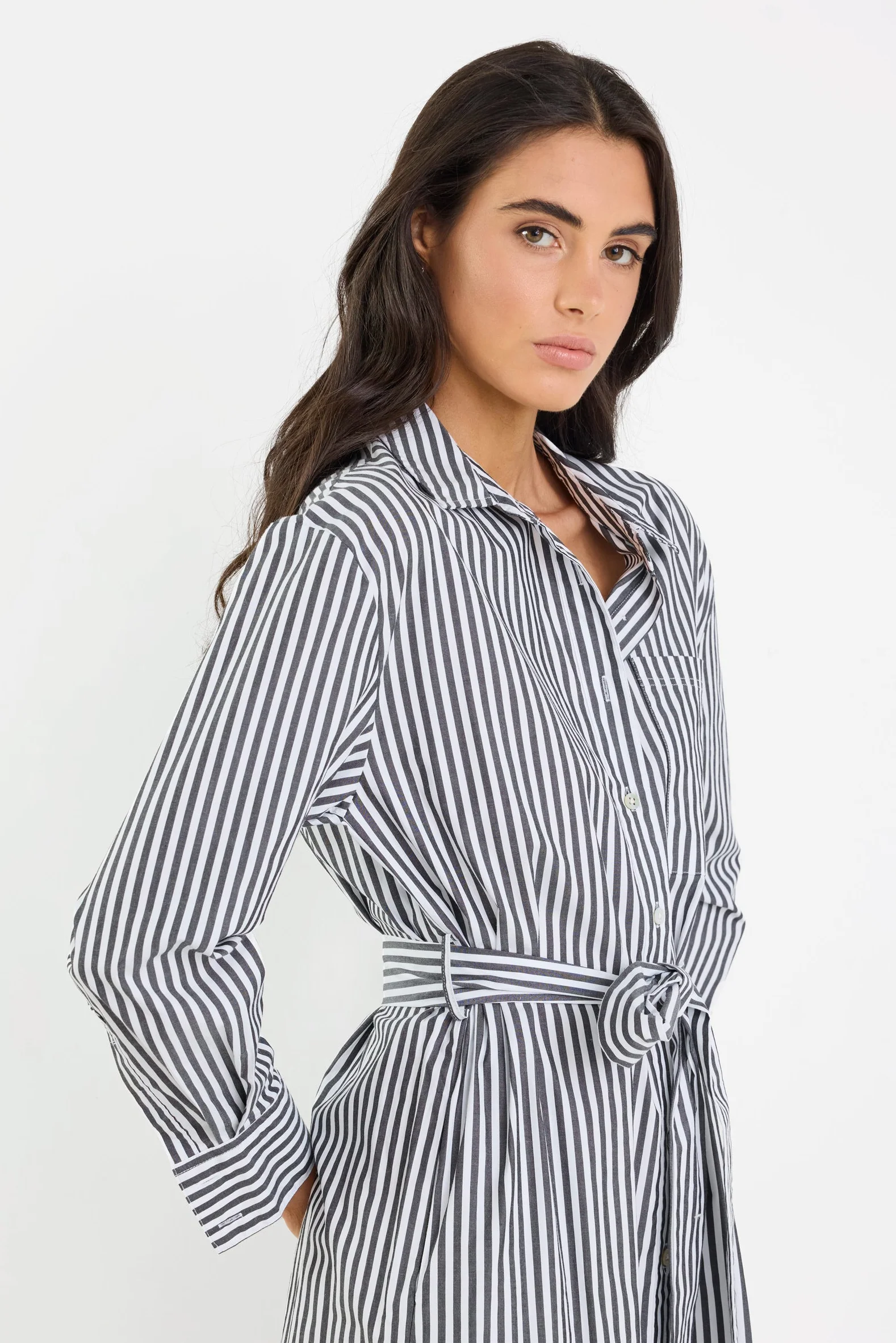 Forward Black Stripe Cotton Midi Shirt Dress - Image 6