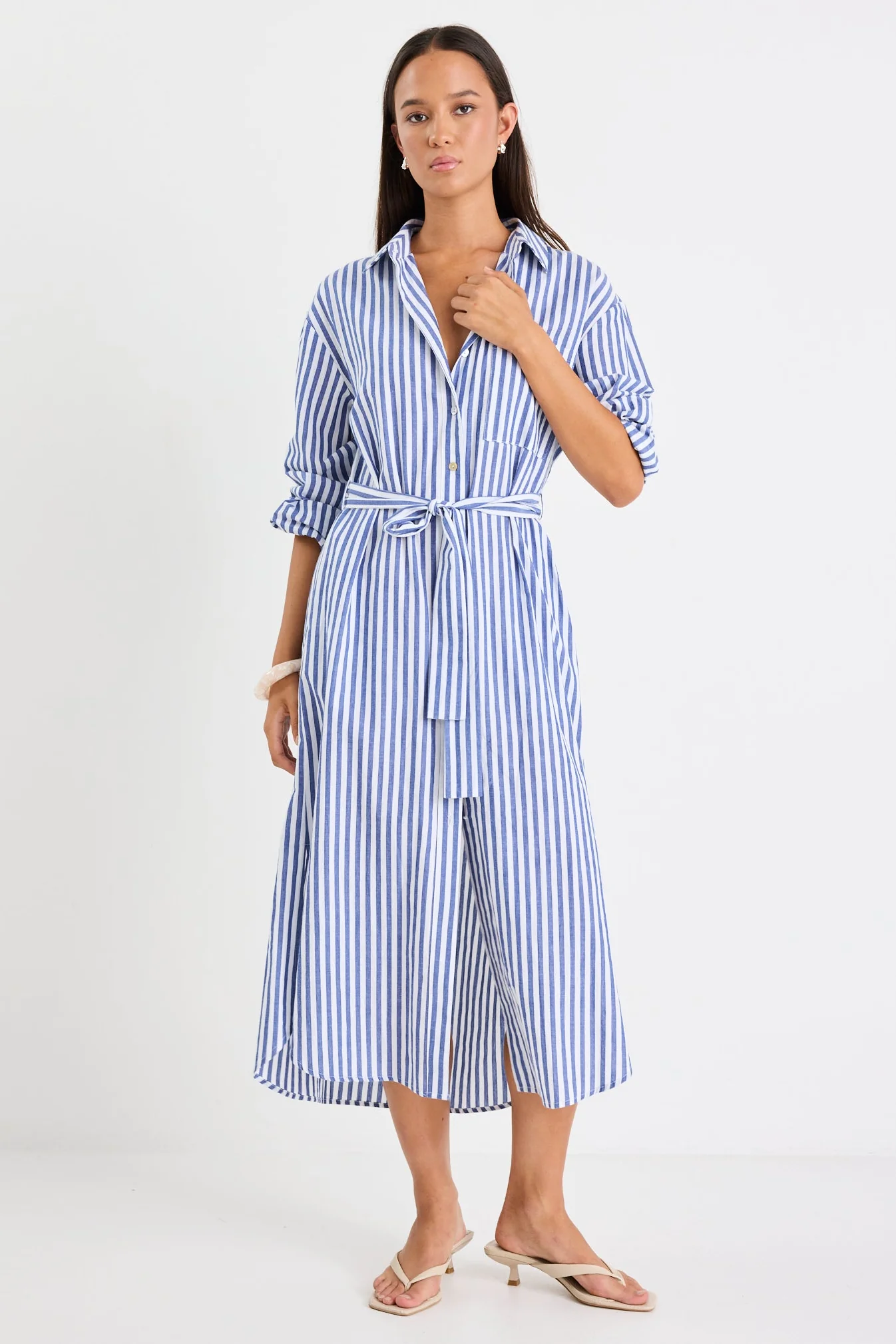 Forward Blue Stripe Cotton Midi Shirt Dress - Image 3