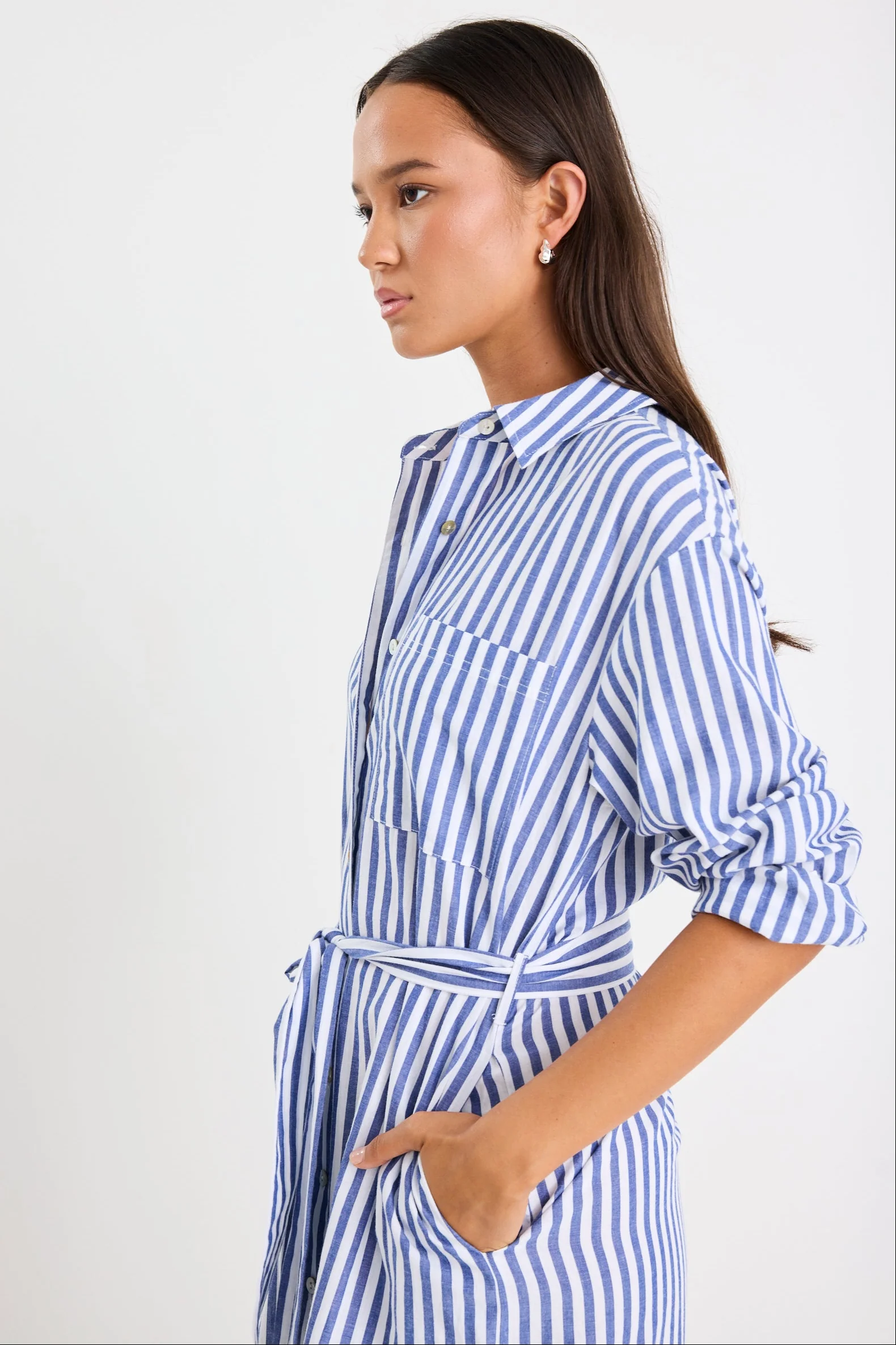 Forward Blue Stripe Cotton Midi Shirt Dress - Image 5