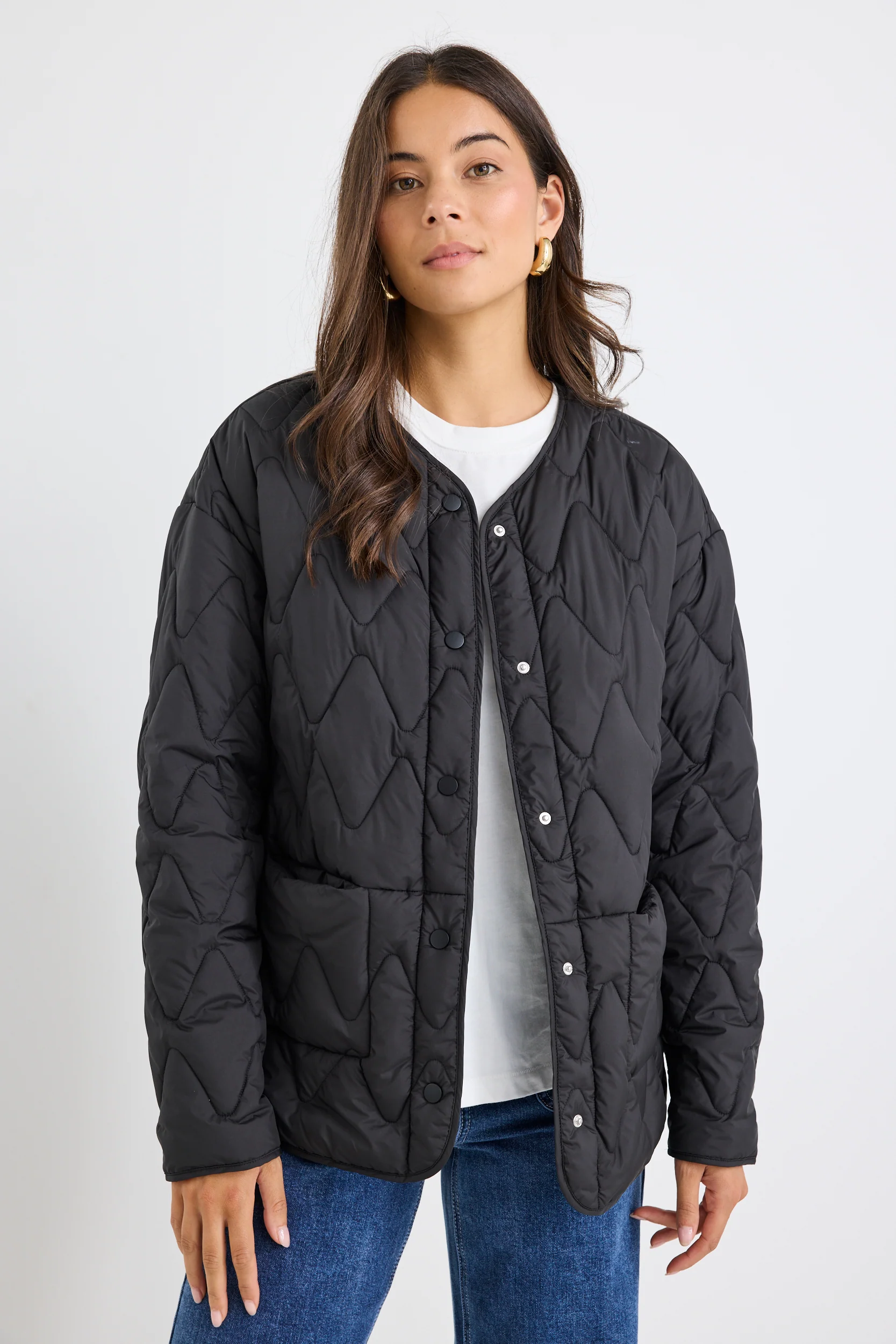 Frankly Black Boxy Snap Front Collarless Quilted Puffer Jacket - Image 2