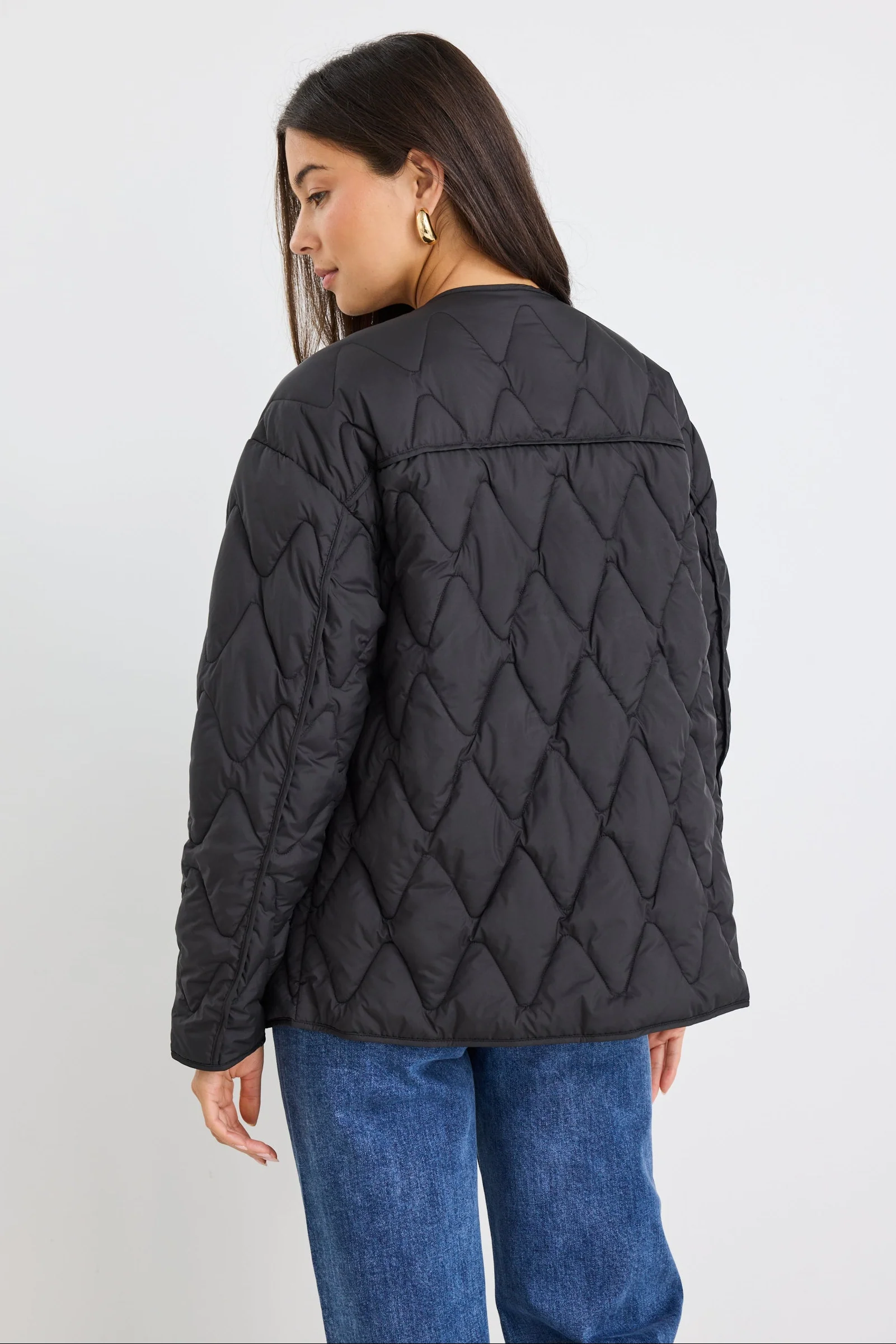 Frankly Black Boxy Snap Front Collarless Quilted Puffer Jacket - Image 4