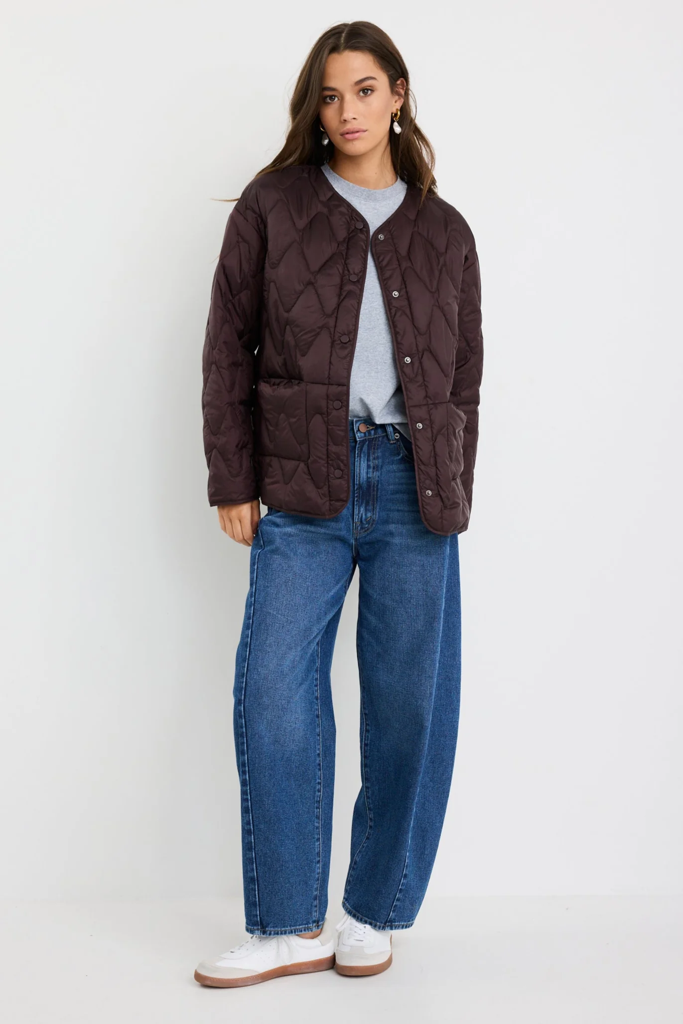 Frankly Chocolate Boxy Snap Front Collarless Quilted Puffer Jacket