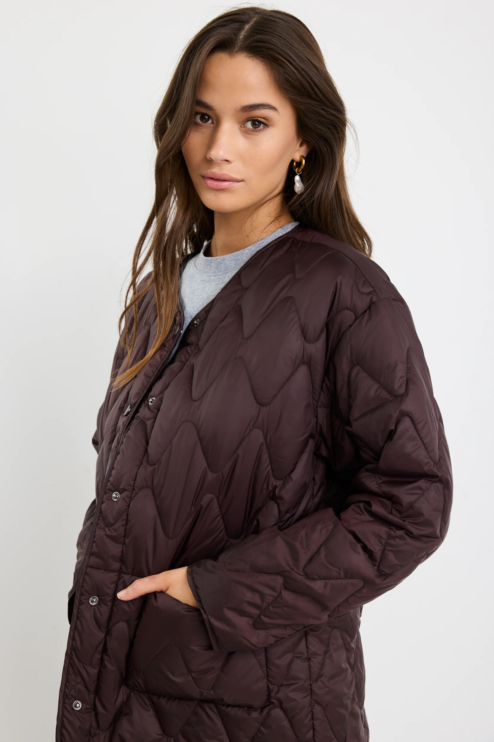 Frankly Chocolate Boxy Snap Front Collarless Quilted Puffer Jacket - Image 2