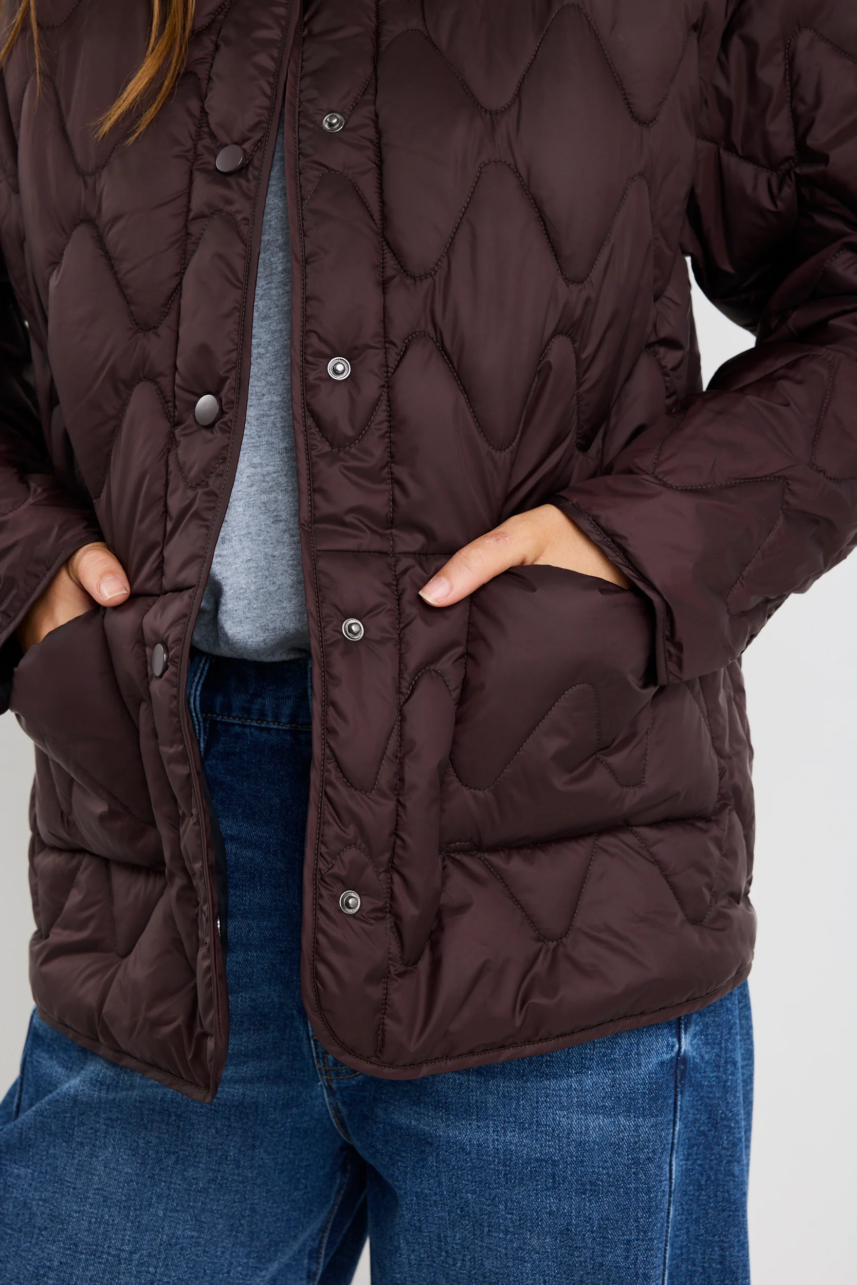 Frankly Chocolate Boxy Snap Front Collarless Quilted Puffer Jacket - Image 3