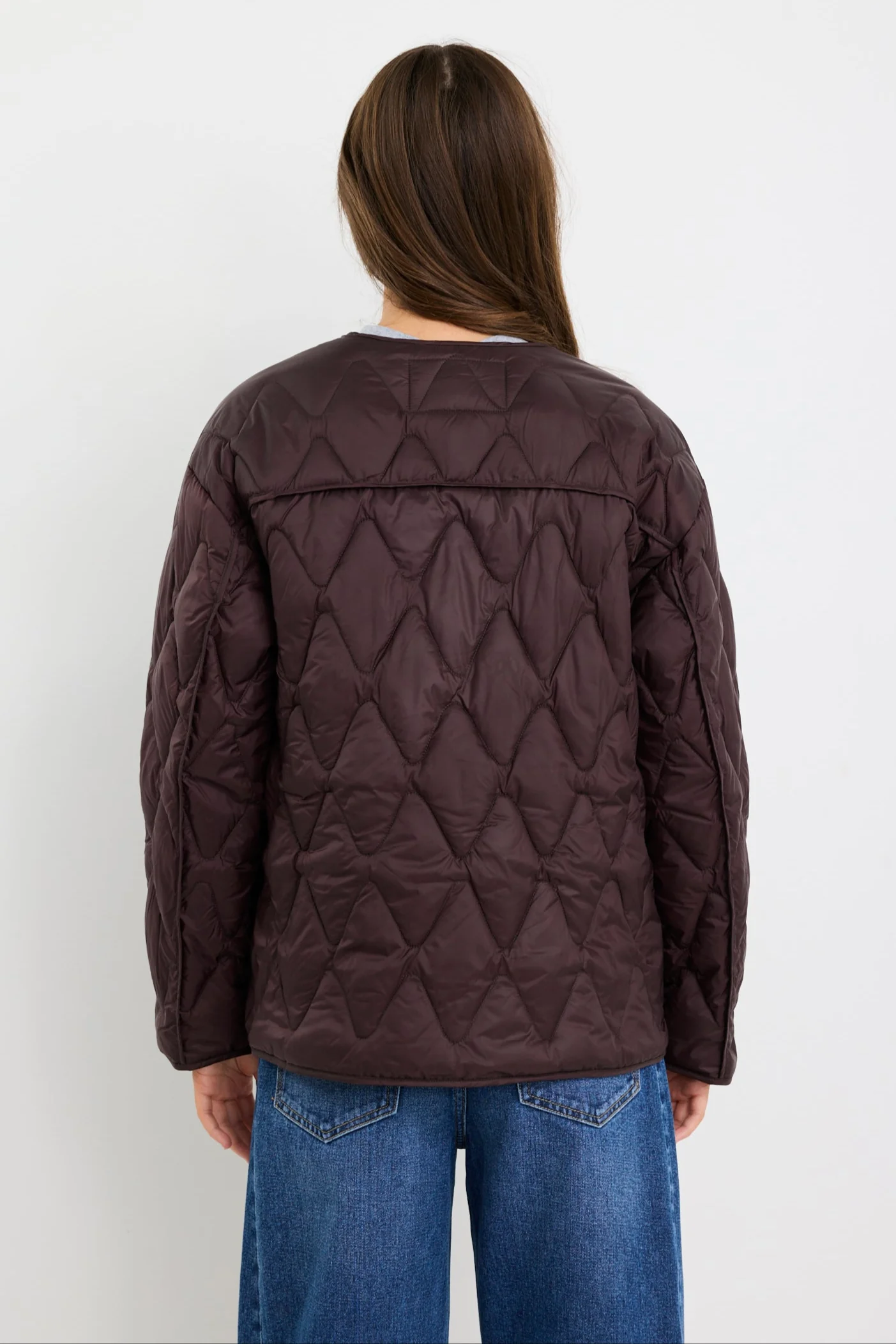 Frankly Chocolate Boxy Snap Front Collarless Quilted Puffer Jacket - Image 4