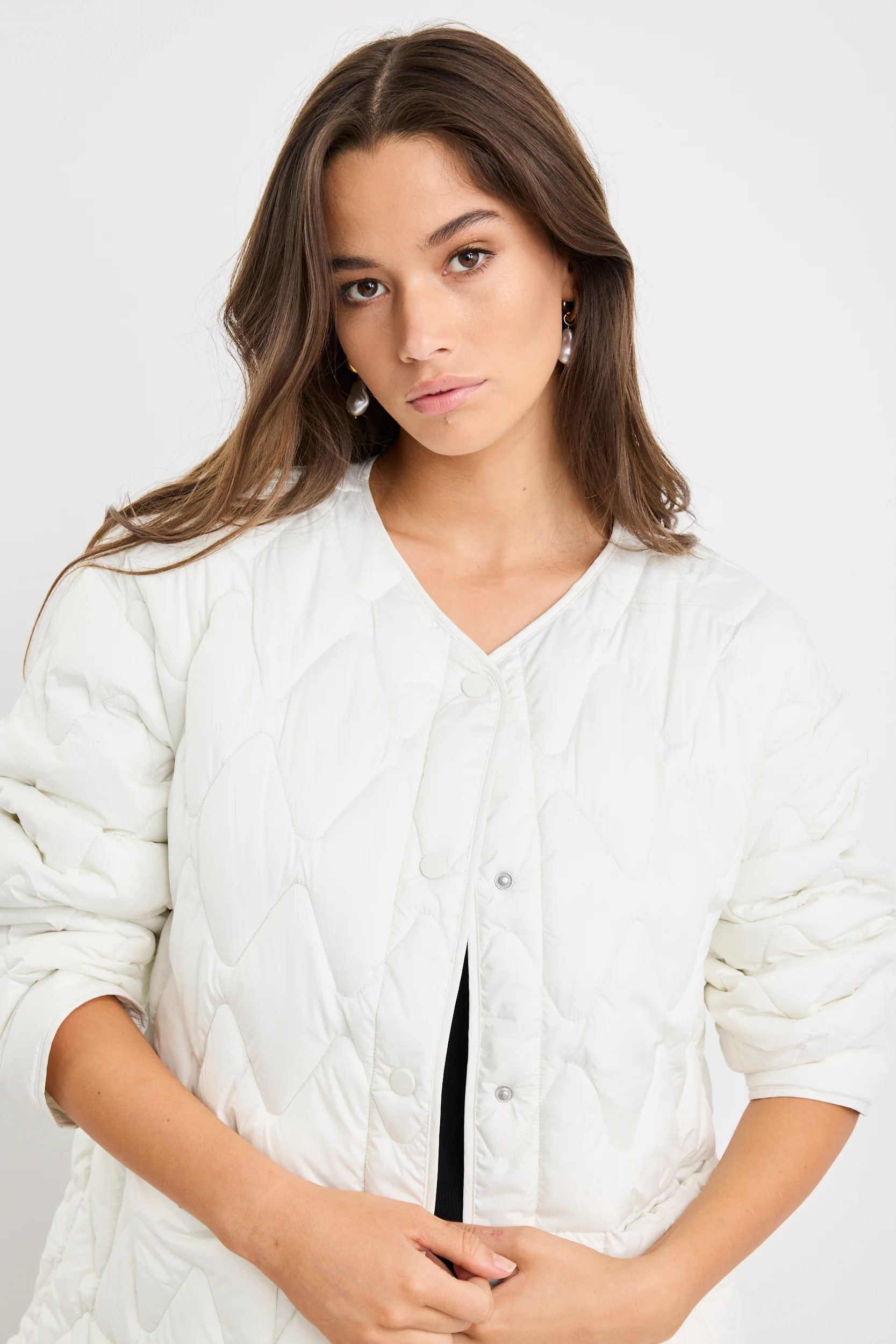 Frankly Ecru Boxy Snap Front Collarless Quilted Puffer Jacket