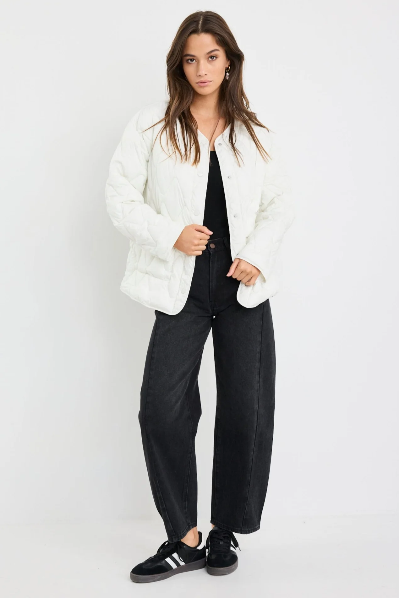 Frankly Ecru Boxy Snap Front Collarless Quilted Puffer Jacket - Image 2