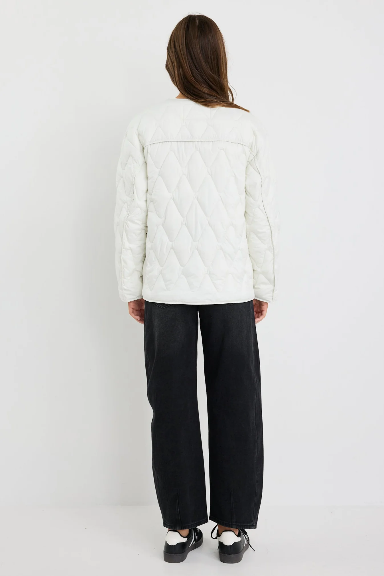 Frankly Ecru Boxy Snap Front Collarless Quilted Puffer Jacket - Image 6