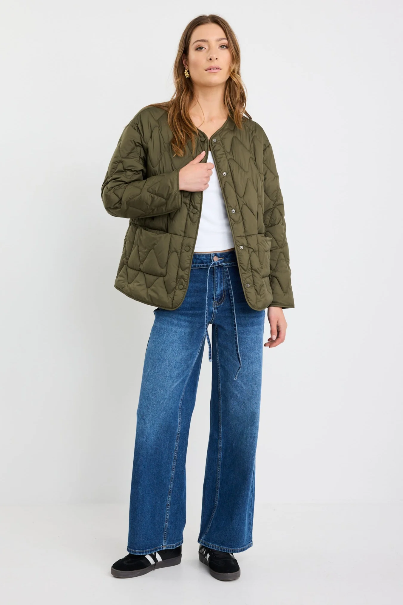 Frankly Khaki Boxy Snap Front Collarless Quilted Puffer Jacket - Image 2