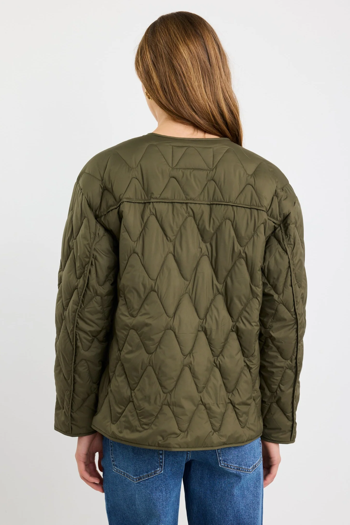 Frankly Khaki Boxy Snap Front Collarless Quilted Puffer Jacket - Image 4