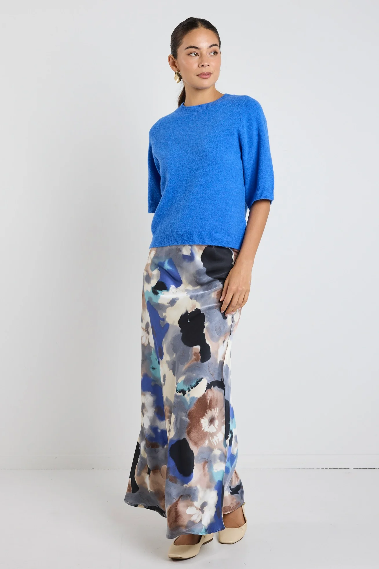 Frantic Navy Multi Watercolour Satin Bias Maxi Skirt