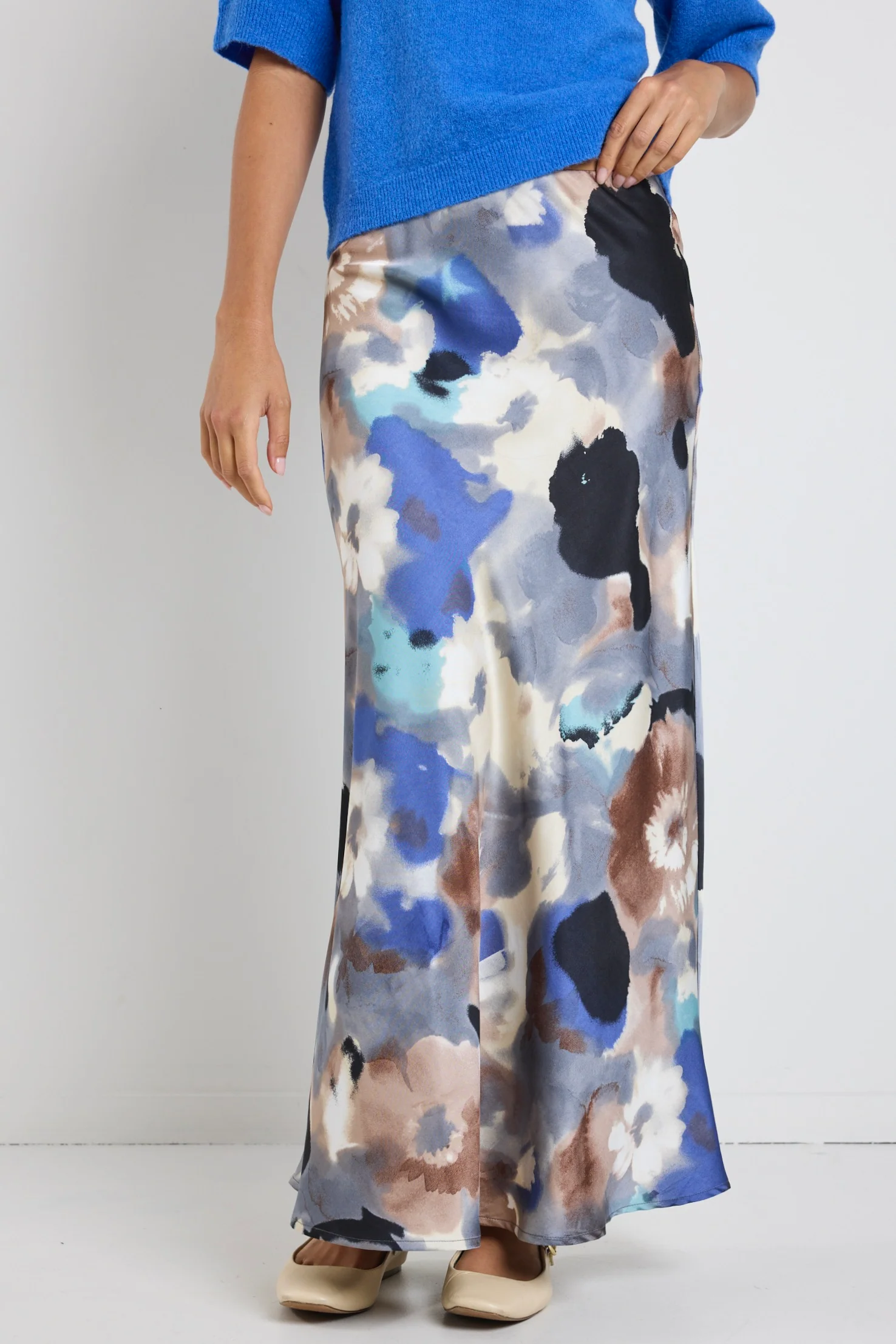 Frantic Navy Multi Watercolour Satin Bias Maxi Skirt - Image 2