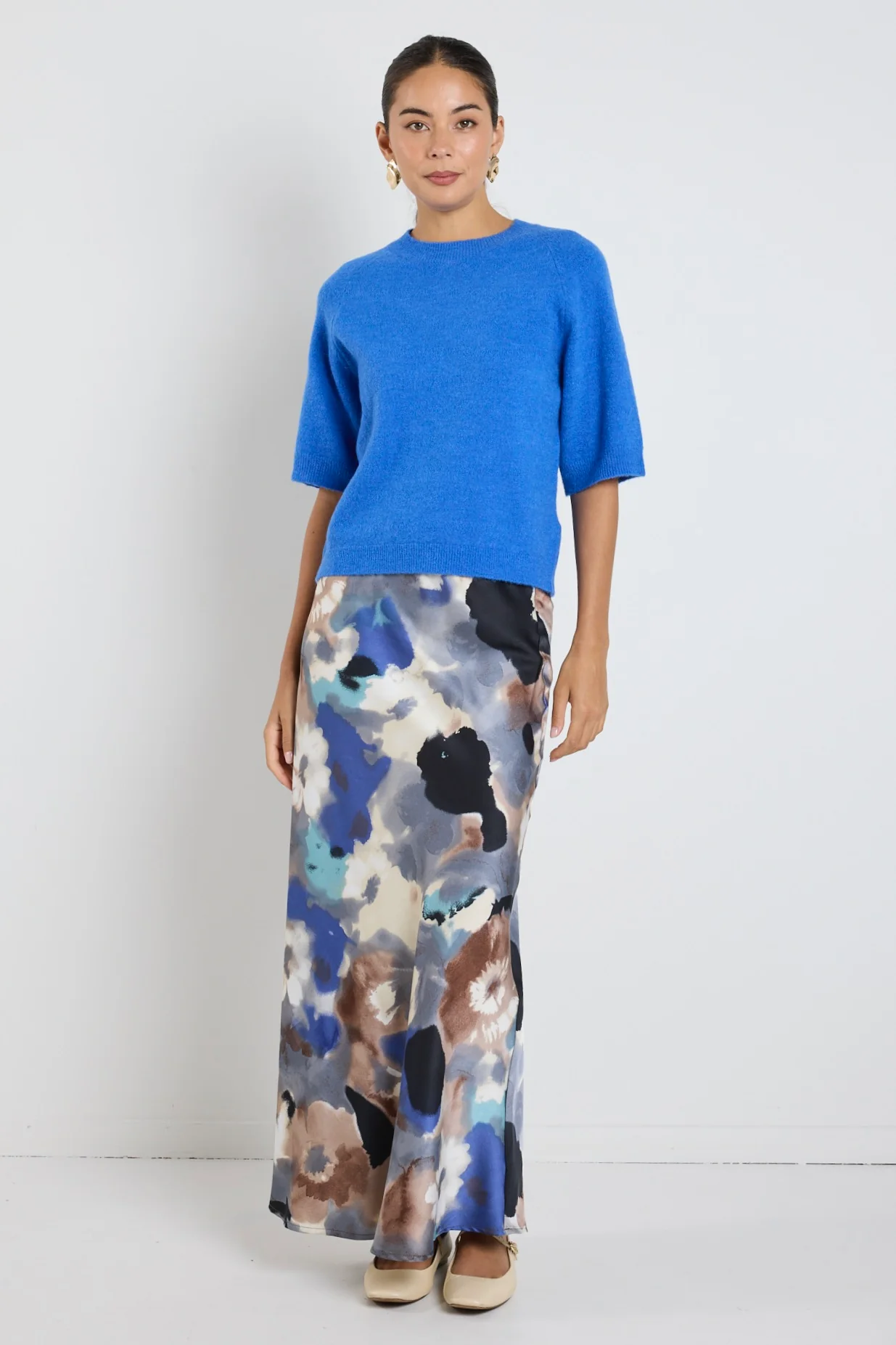 Frantic Navy Multi Watercolour Satin Bias Maxi Skirt - Image 3