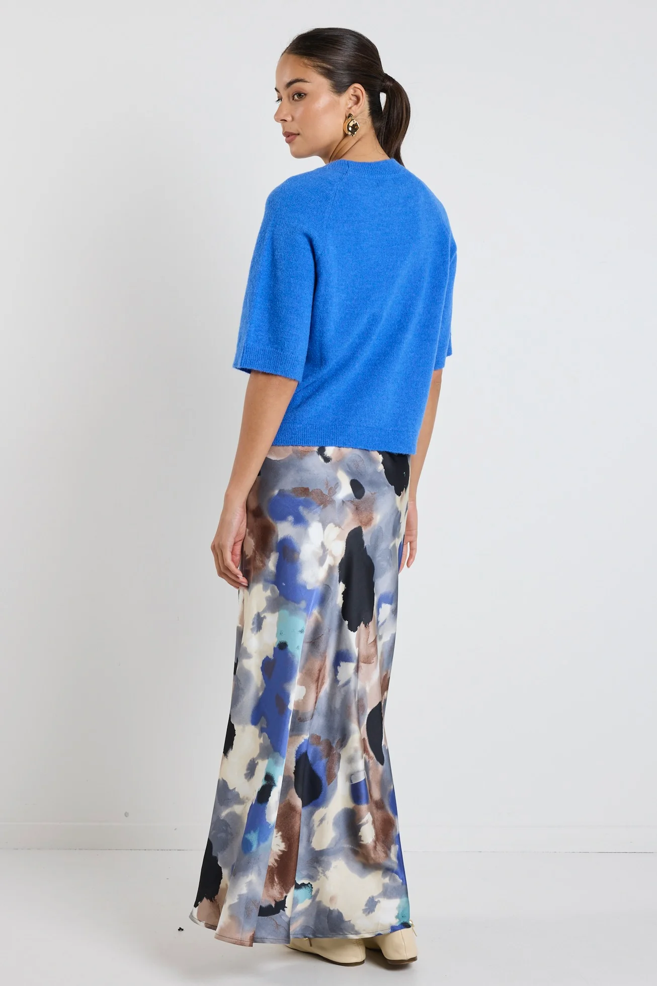 Frantic Navy Multi Watercolour Satin Bias Maxi Skirt - Image 6