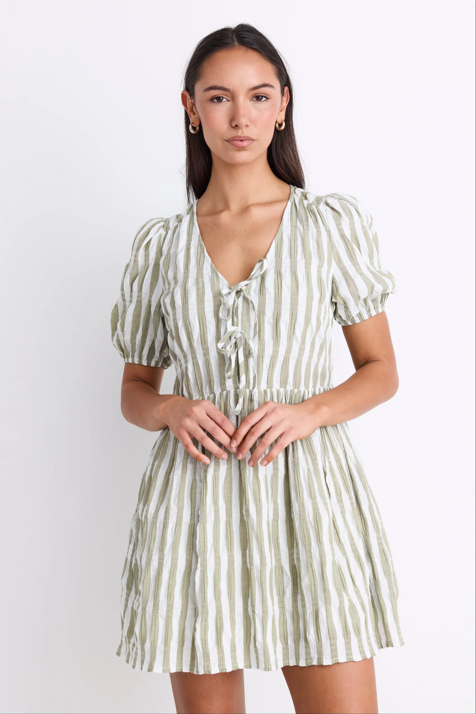 Frontier Khaki Stripe Puff Sleeve Tie Mini Dress - Image 2