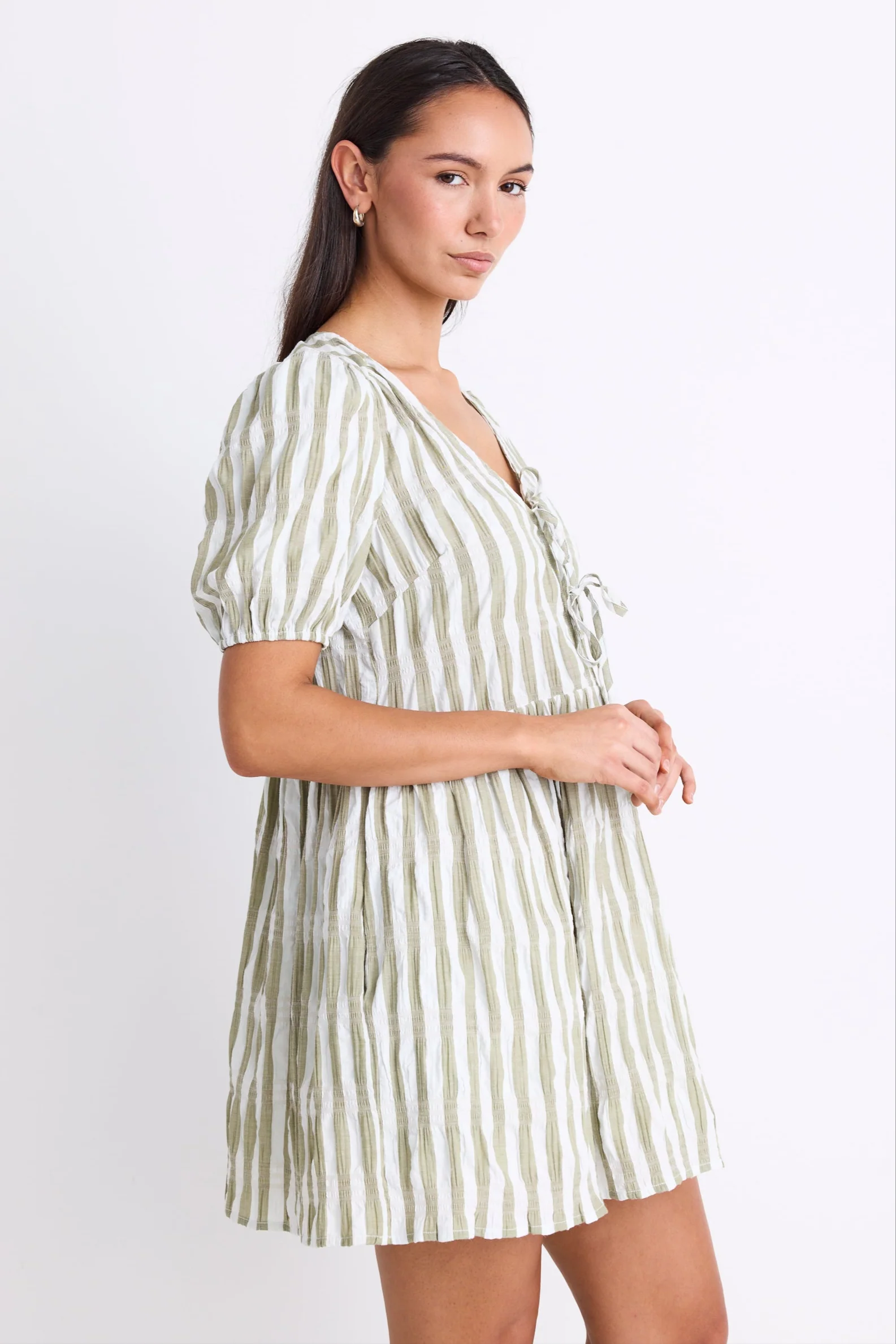 Frontier Khaki Stripe Puff Sleeve Tie Mini Dress - Image 3