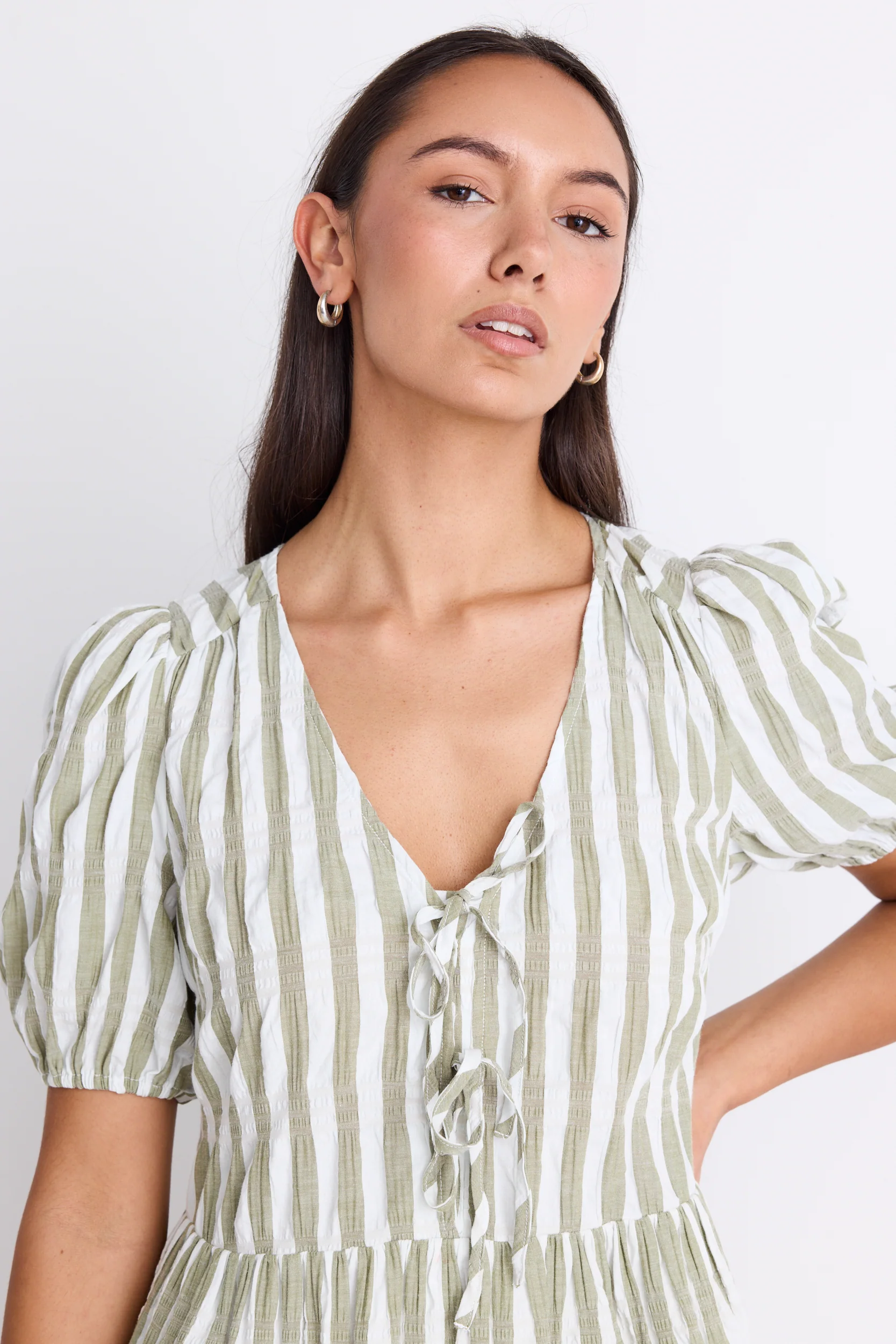 Frontier Khaki Stripe Puff Sleeve Tie Mini Dress - Image 4