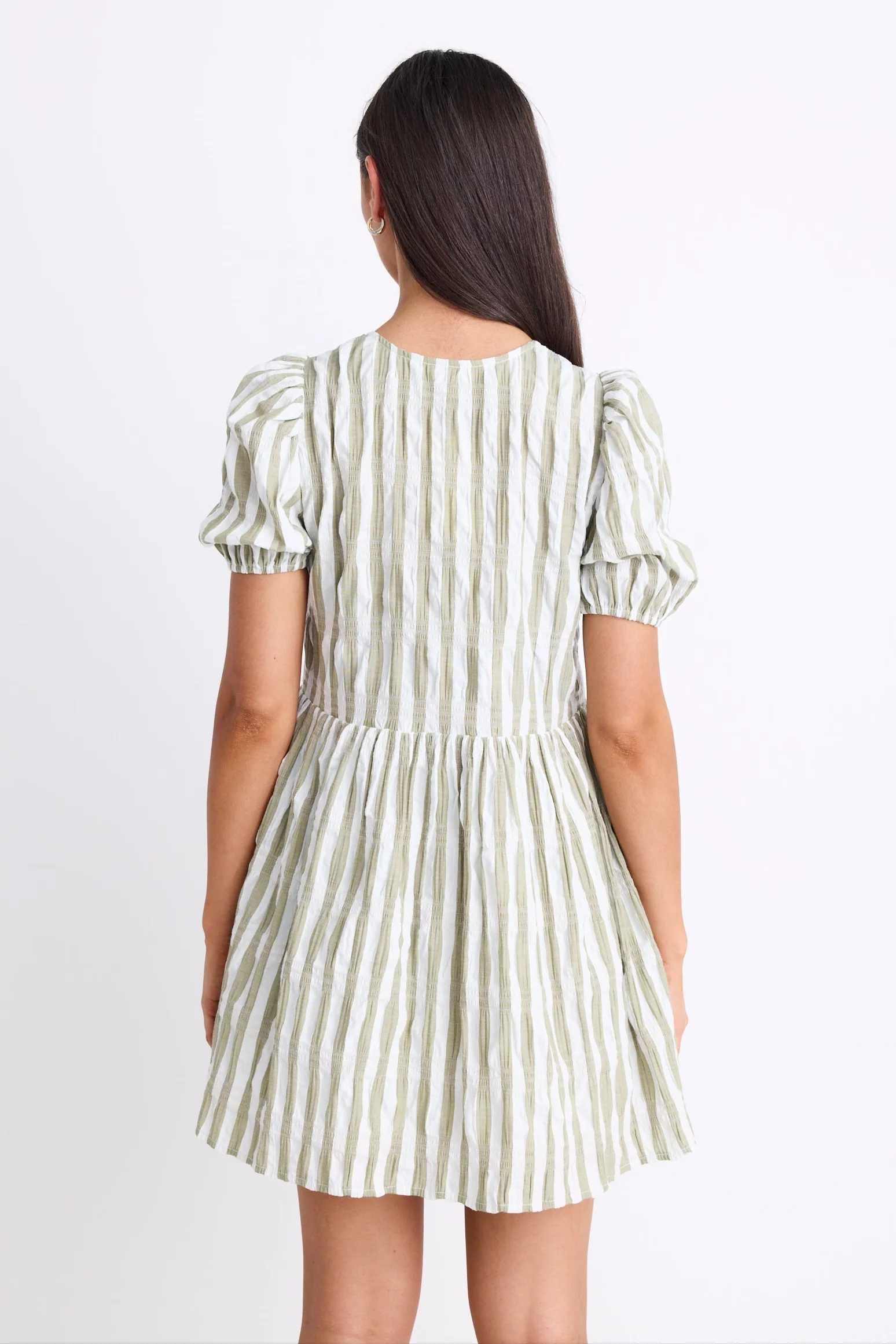 Frontier Khaki Stripe Puff Sleeve Tie Mini Dress - Image 5