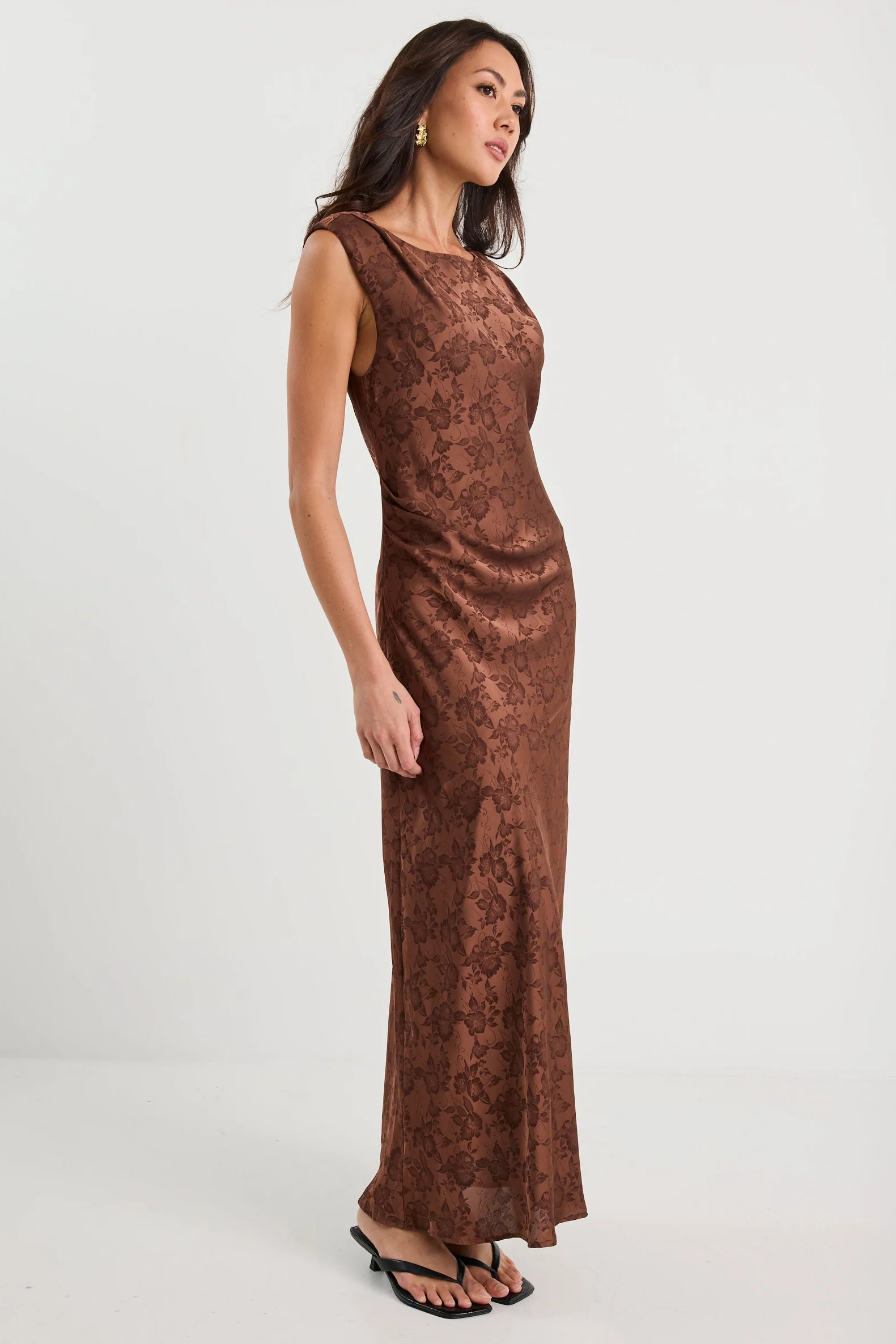Fruition Mocha Jacquard Satin Bias Maxi Dress - Image 3