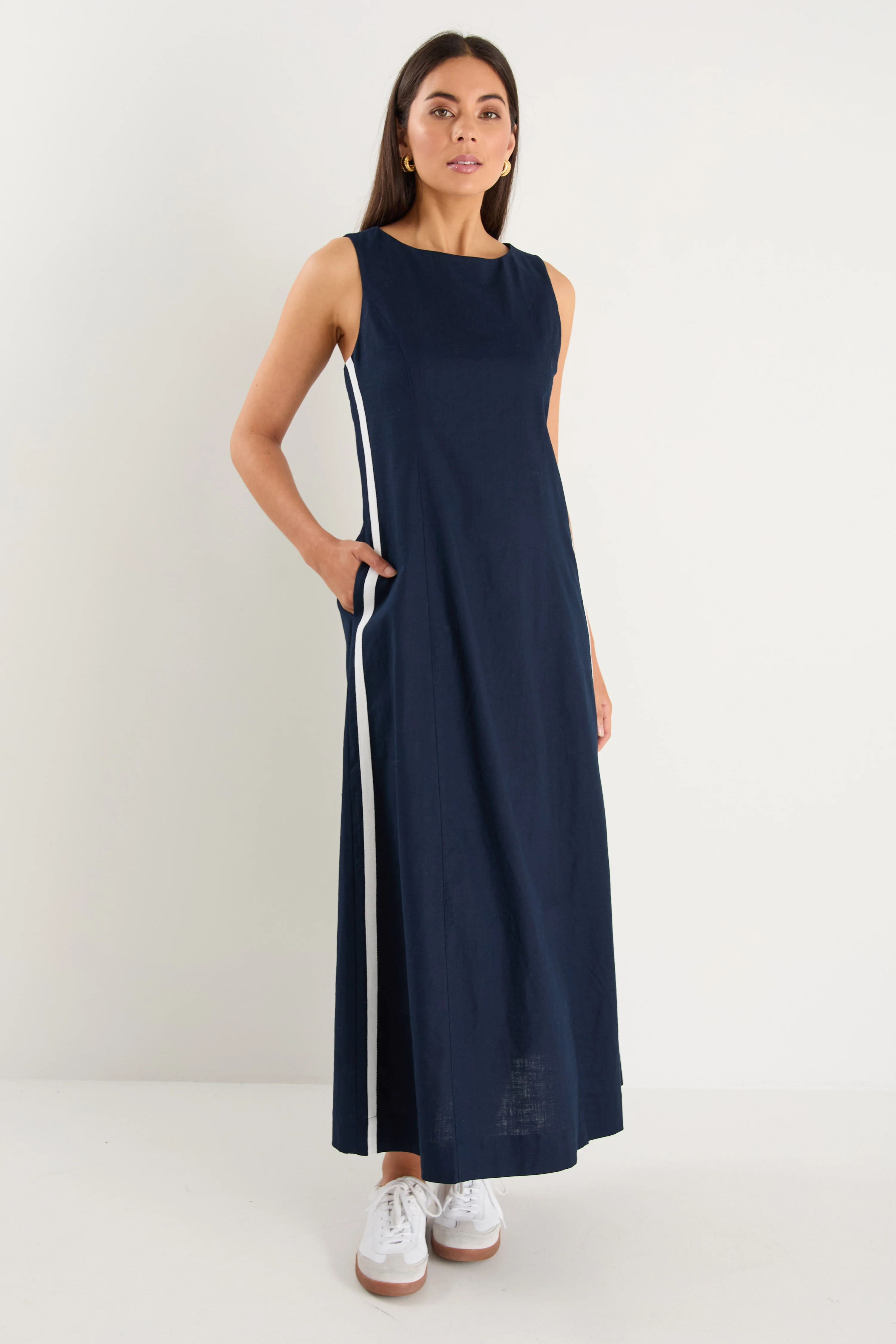 Future Ink Linen Blend Sleeveless Stripe Trim Midi Dress - Image 2
