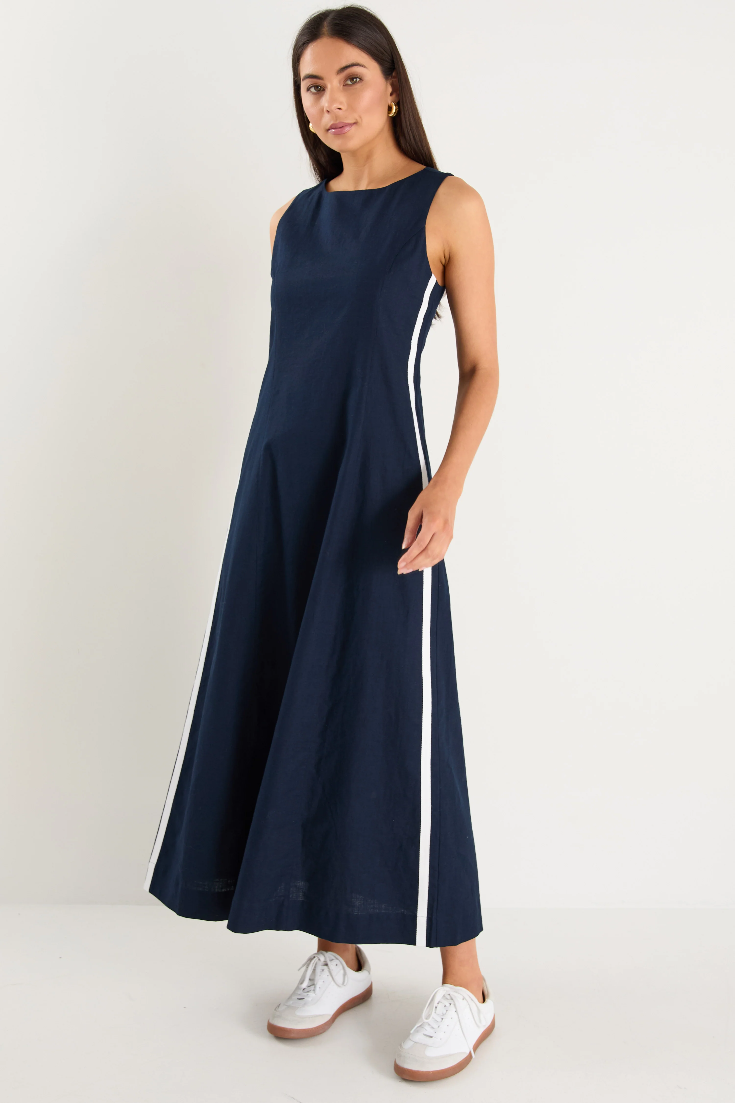 Future Ink Linen Blend Sleeveless Stripe Trim Midi Dress - Image 3