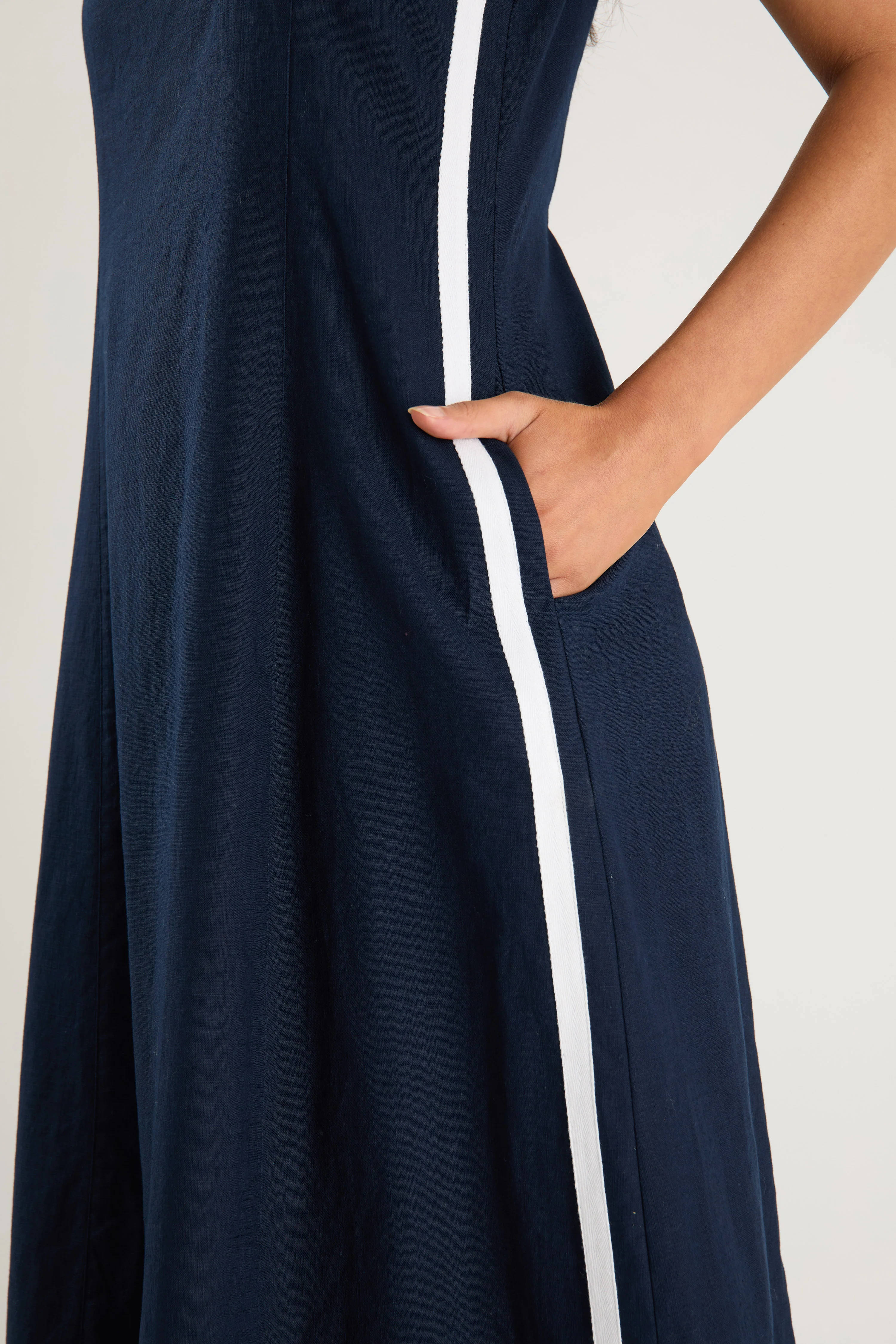 Future Ink Linen Blend Sleeveless Stripe Trim Midi Dress - Image 4