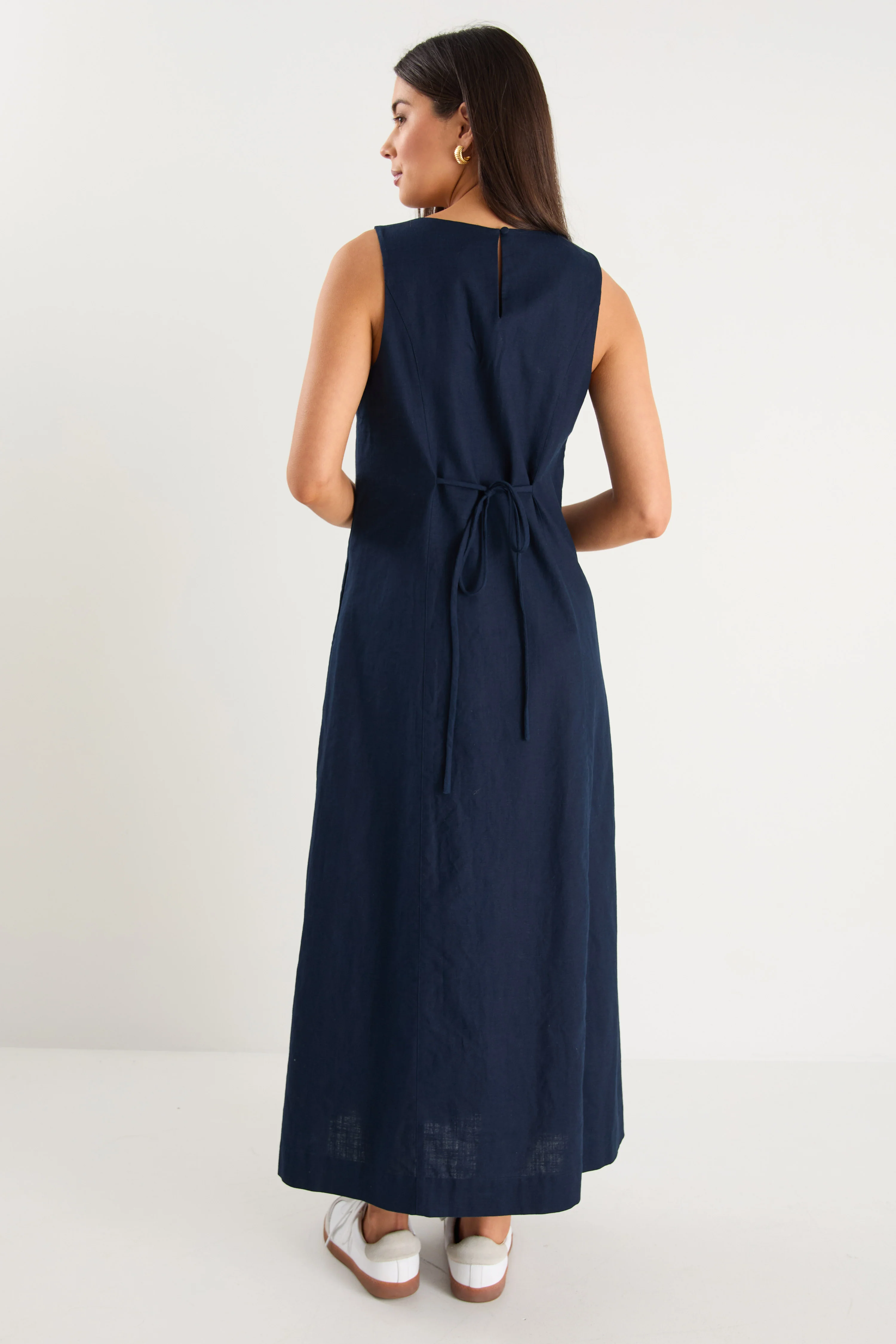 Future Ink Linen Blend Sleeveless Stripe Trim Midi Dress - Image 6