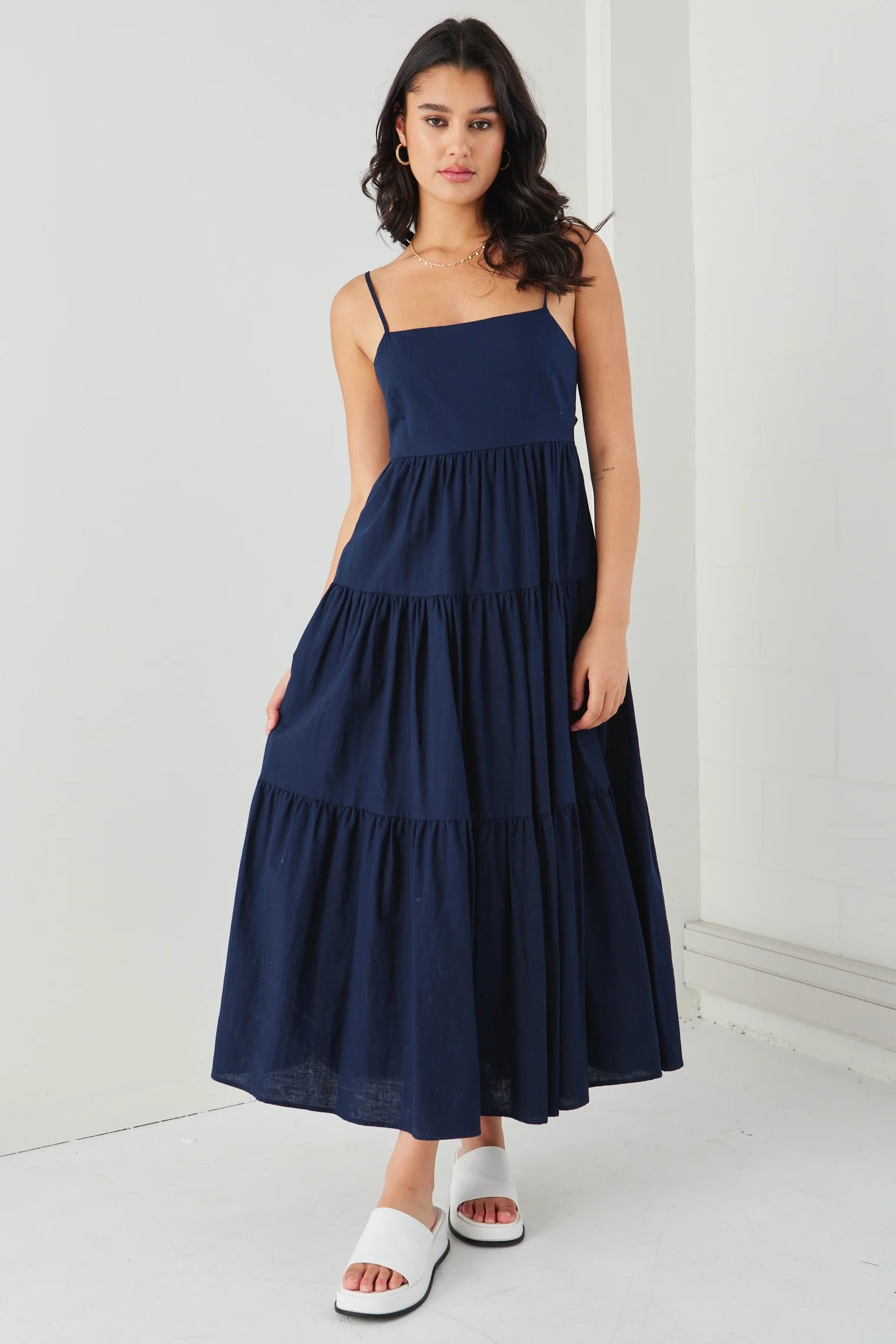 Galaxy Navy Linen Tie Back Tiered Strappy Maxi Dress - Image 3