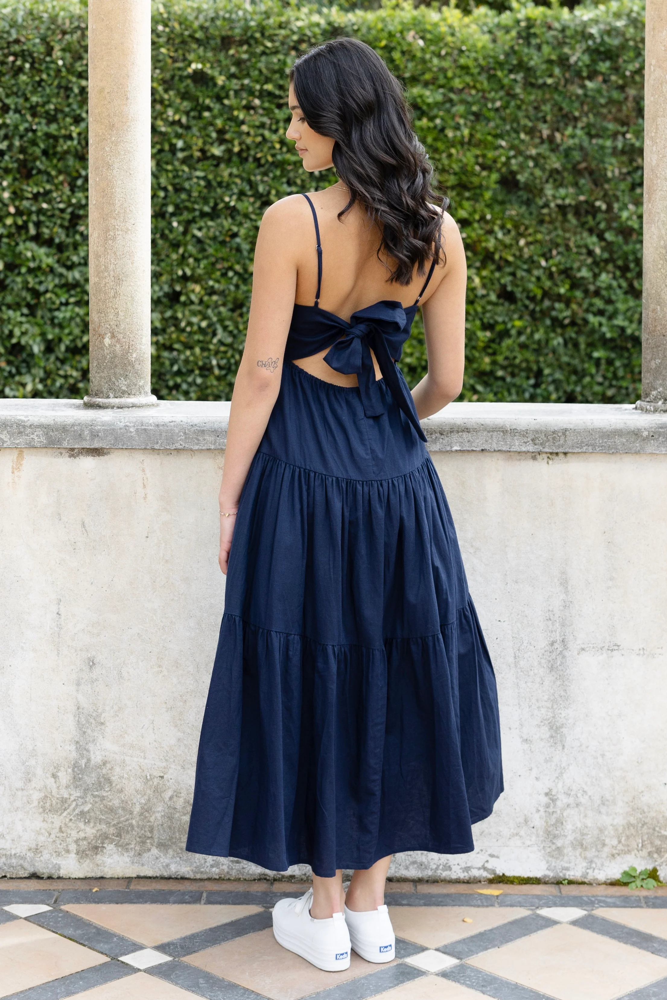 Galaxy Navy Linen Tie Back Tiered Strappy Maxi Dress - Image 4