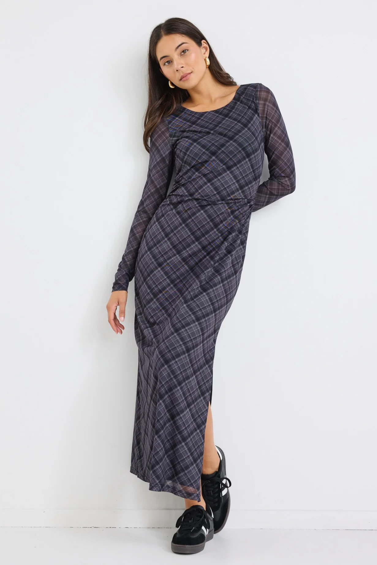 Gallery Charcoal Check Mesh LS Maxi Dress - Image 2