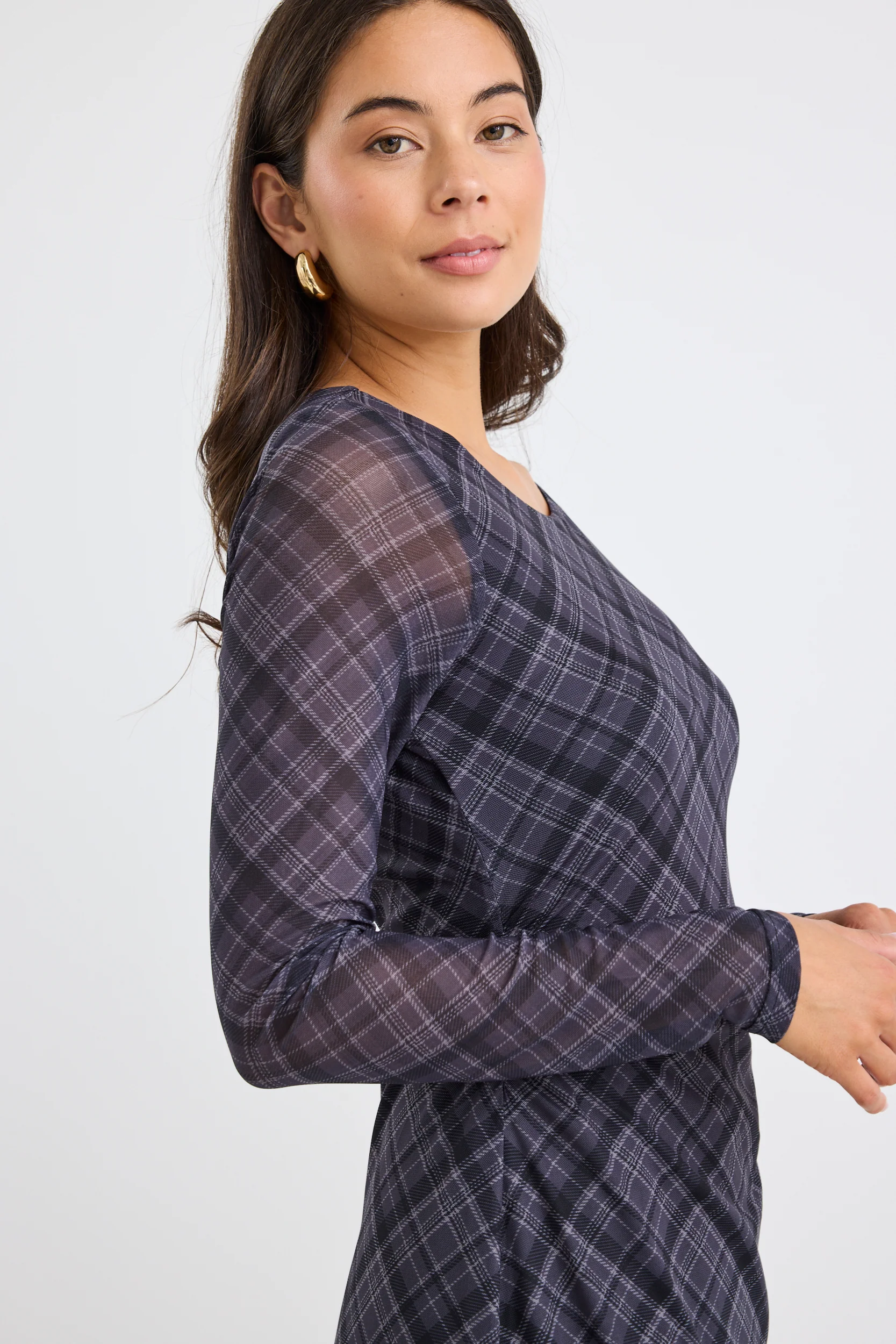 Gallery Charcoal Check Mesh LS Maxi Dress - Image 3