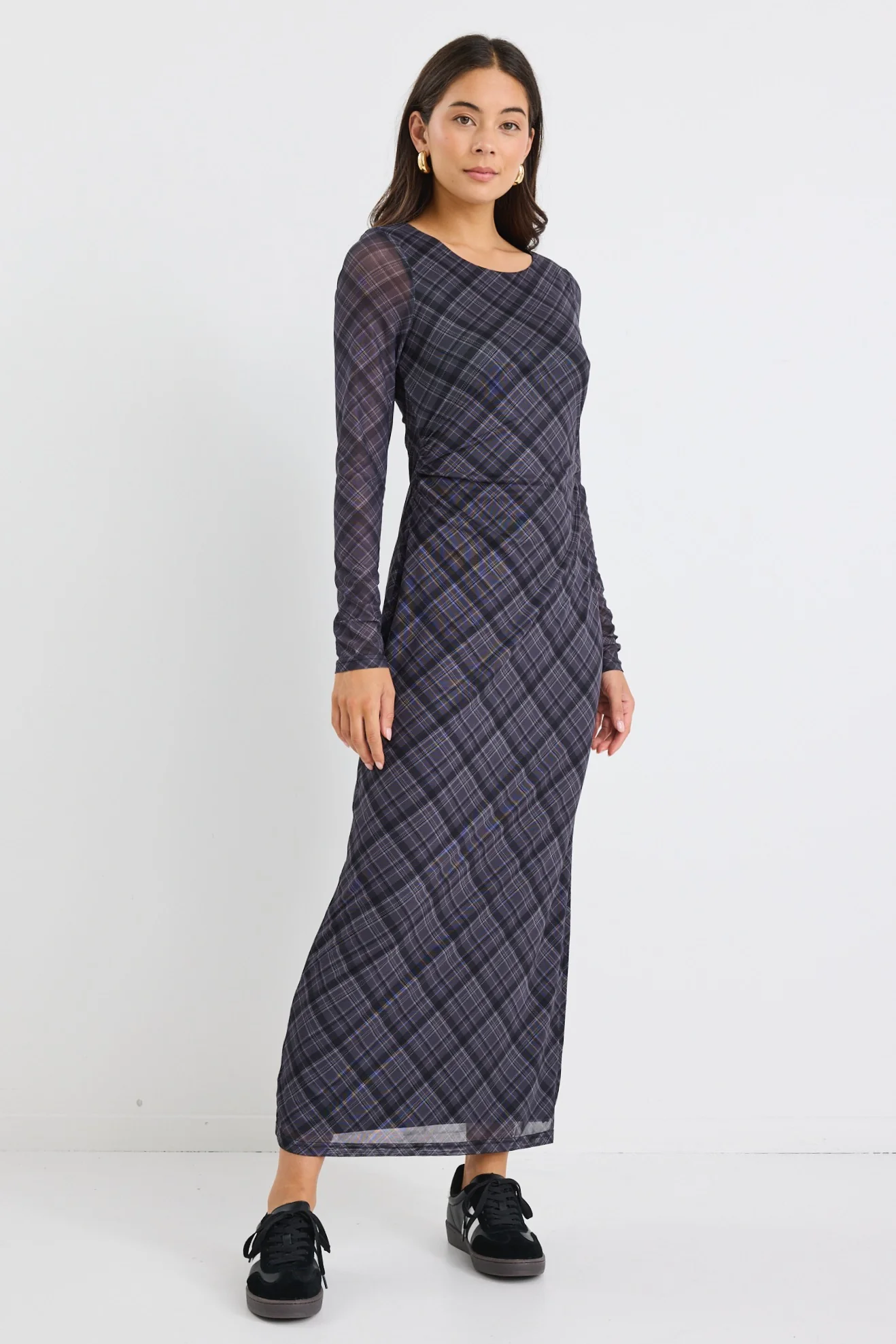 Gallery Charcoal Check Mesh LS Maxi Dress - Image 4