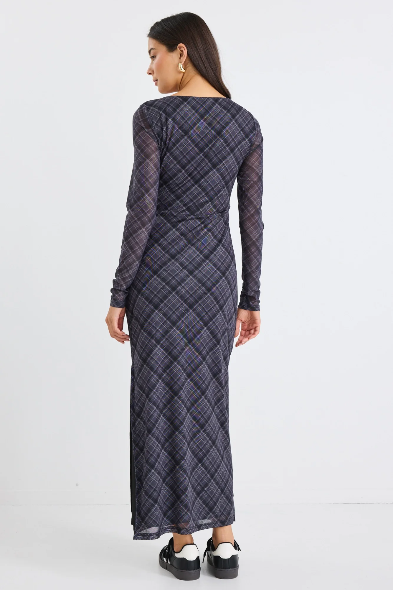 Gallery Charcoal Check Mesh LS Maxi Dress - Image 6