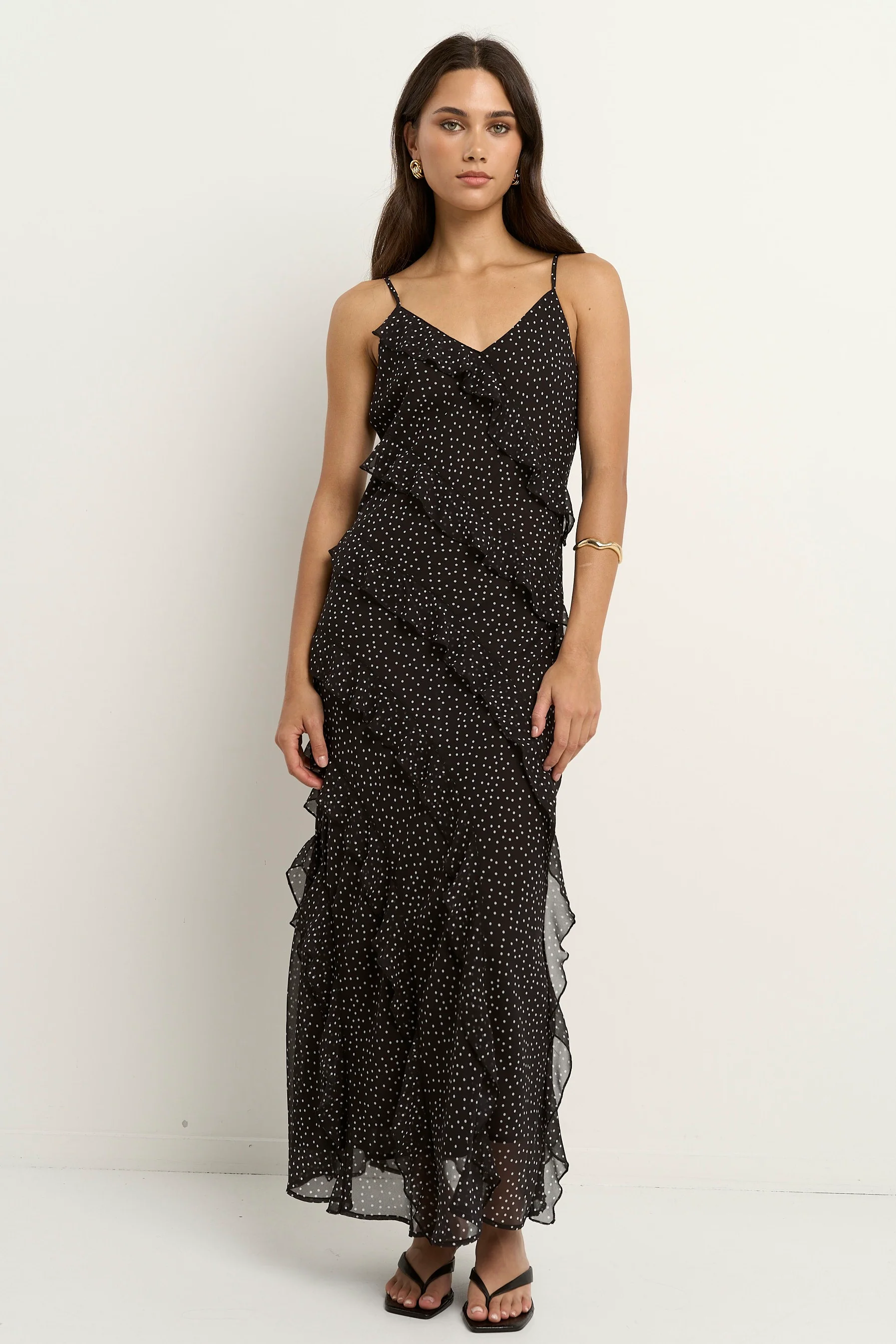 Galore Black Polka Dot Bias Ruffle Slip Maxi Dress - Image 2