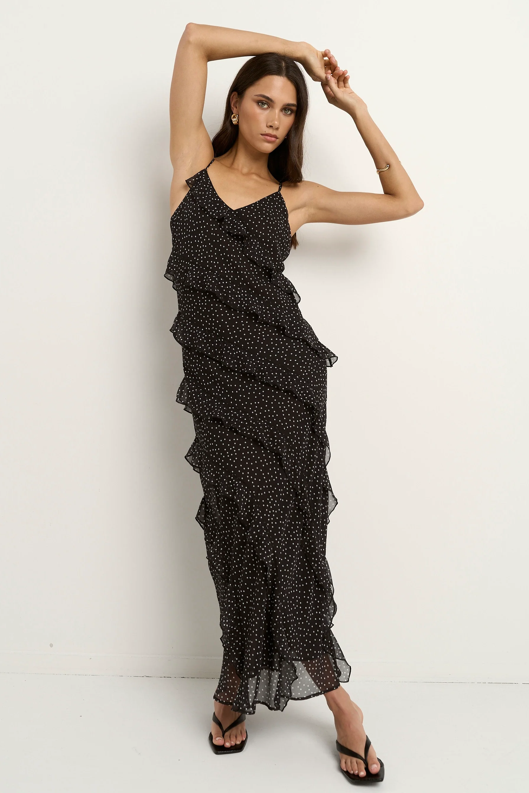 Galore Black Polka Dot Bias Ruffle Slip Maxi Dress - Image 3