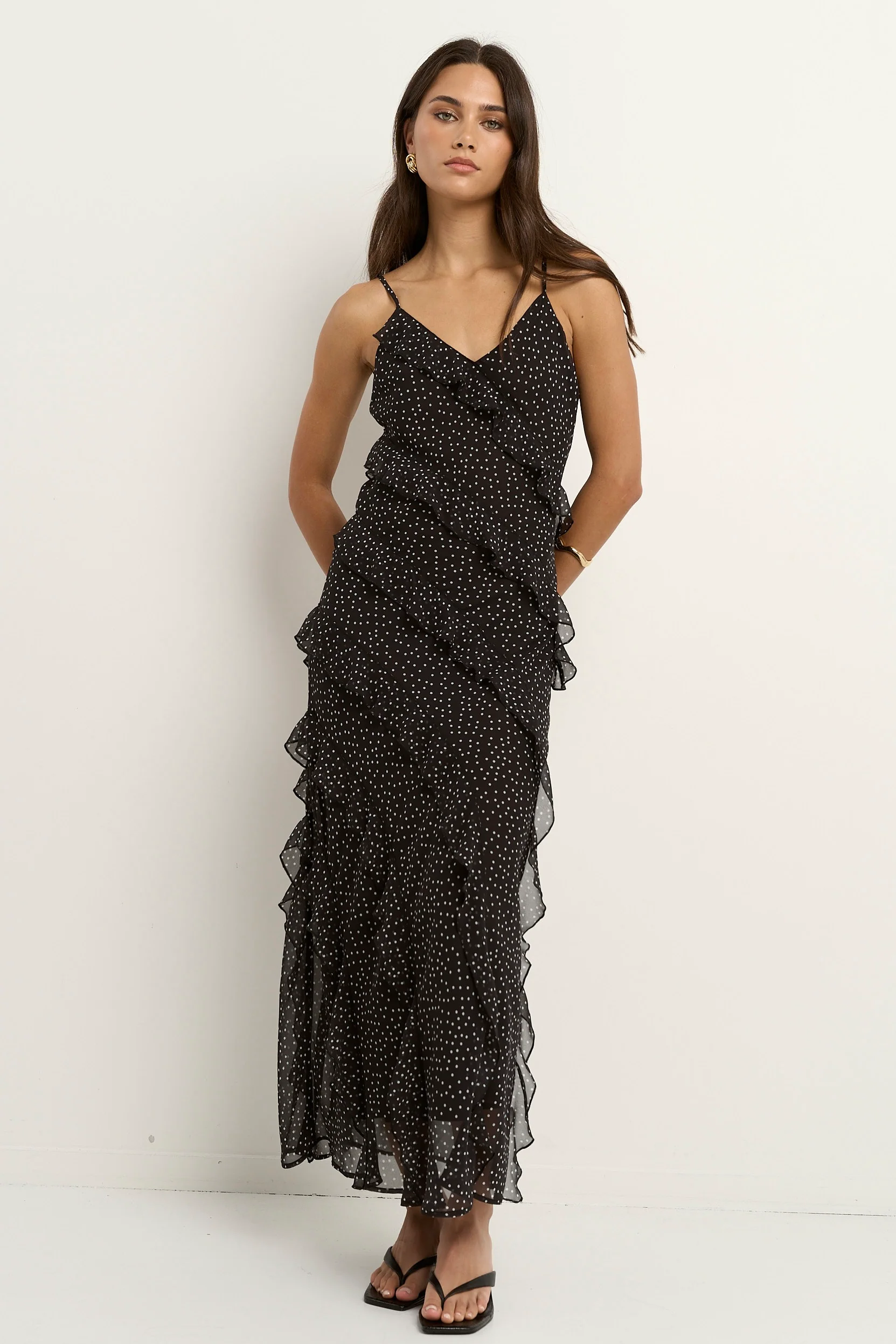 Galore Black Polka Dot Bias Ruffle Slip Maxi Dress - Image 4