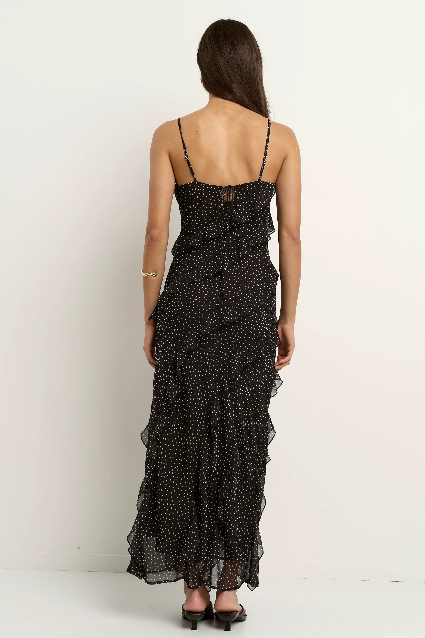 Galore Black Polka Dot Bias Ruffle Slip Maxi Dress - Image 6