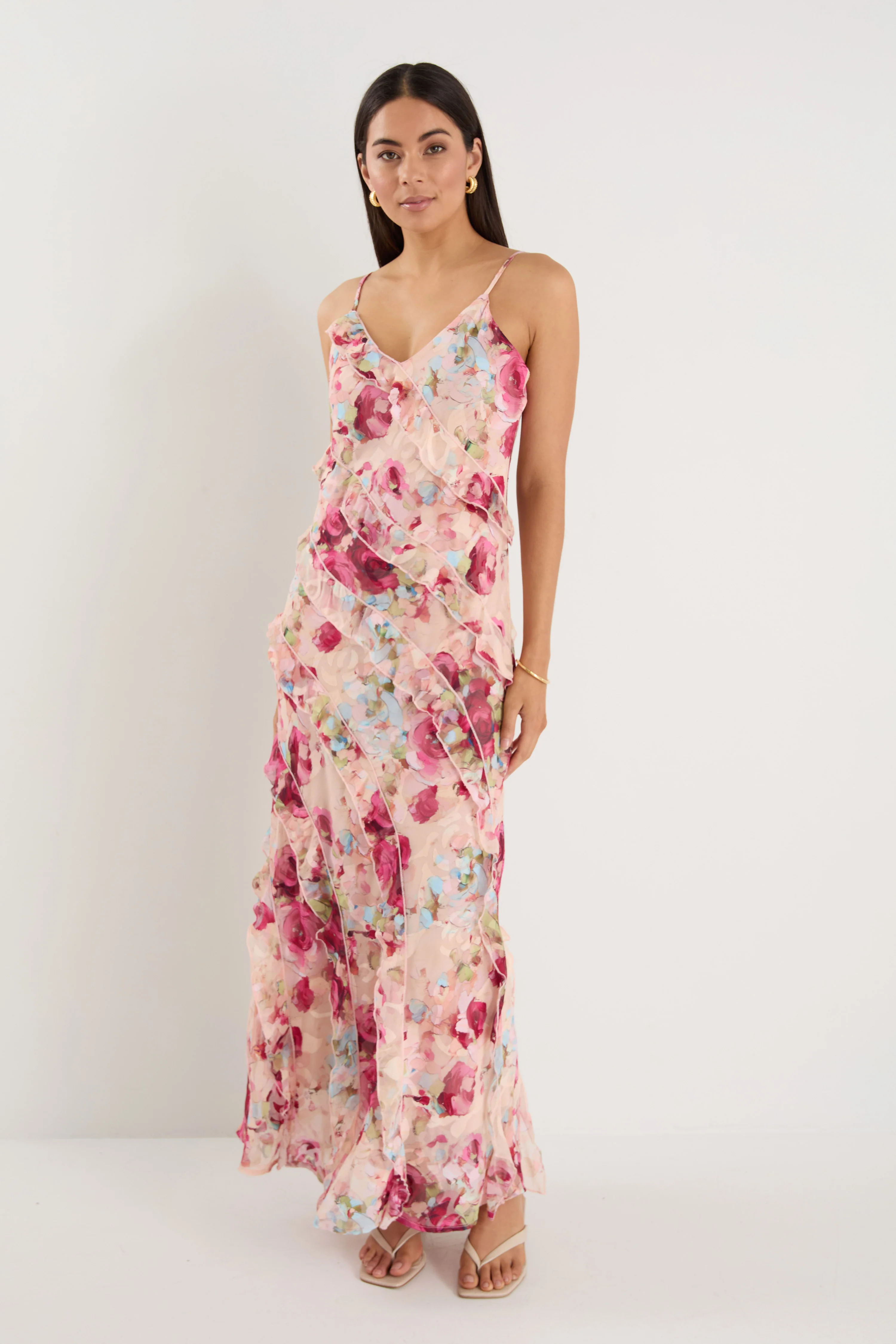 Galore Painted Rose Bias Ruffle Slip Maxi Dress - Image 2