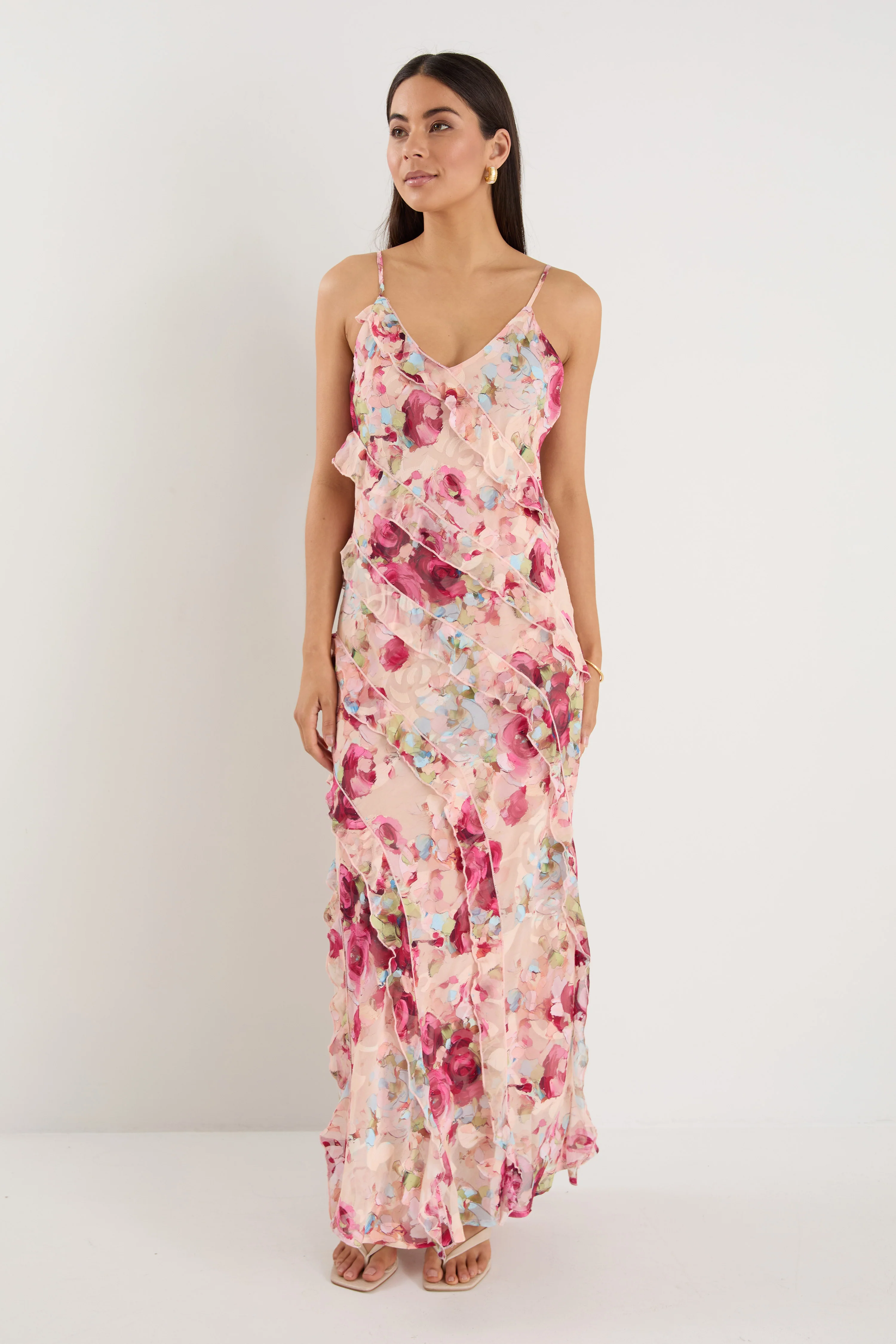 Galore Painted Rose Bias Ruffle Slip Maxi Dress - Image 4