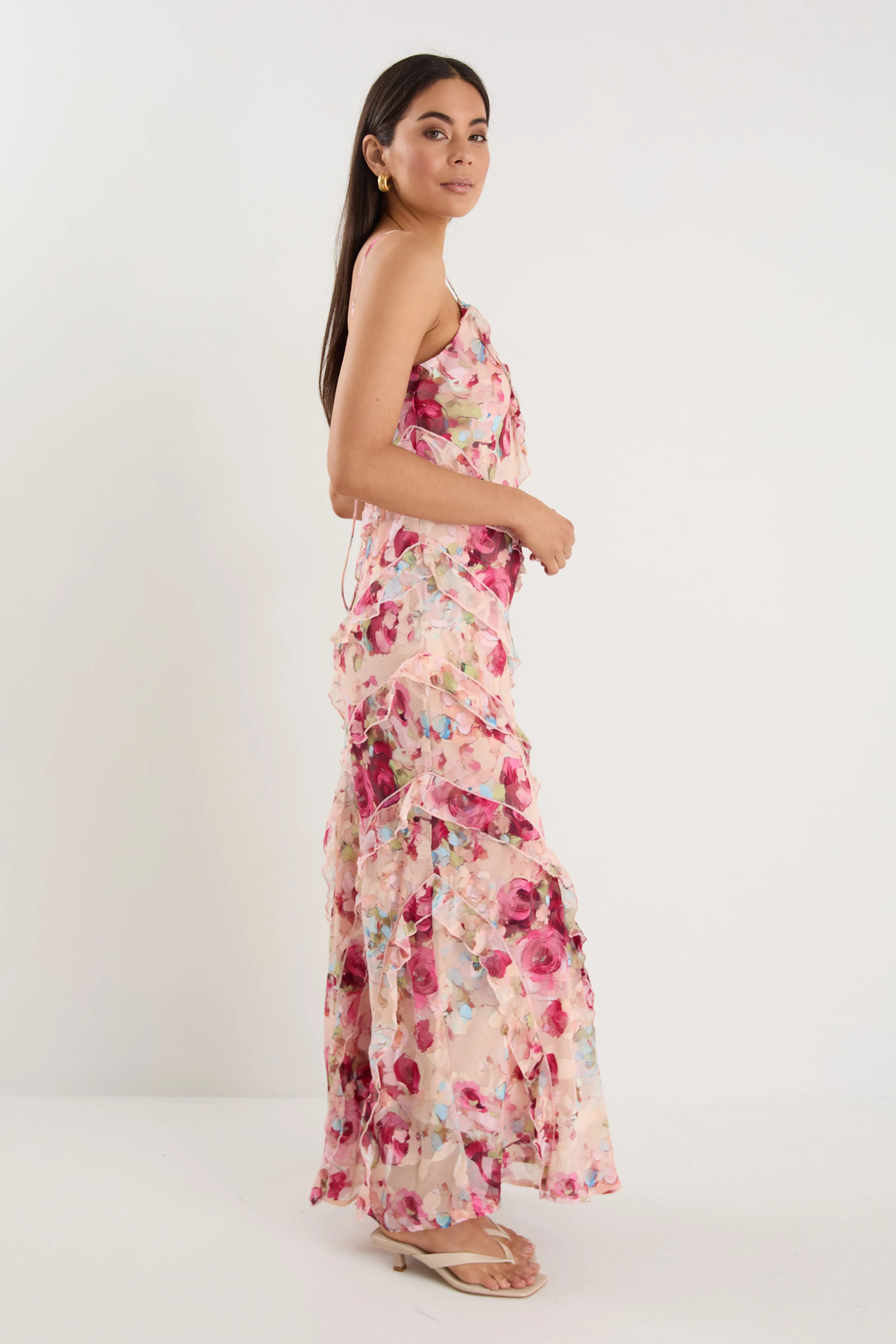 Galore Painted Rose Bias Ruffle Slip Maxi Dress - Image 6