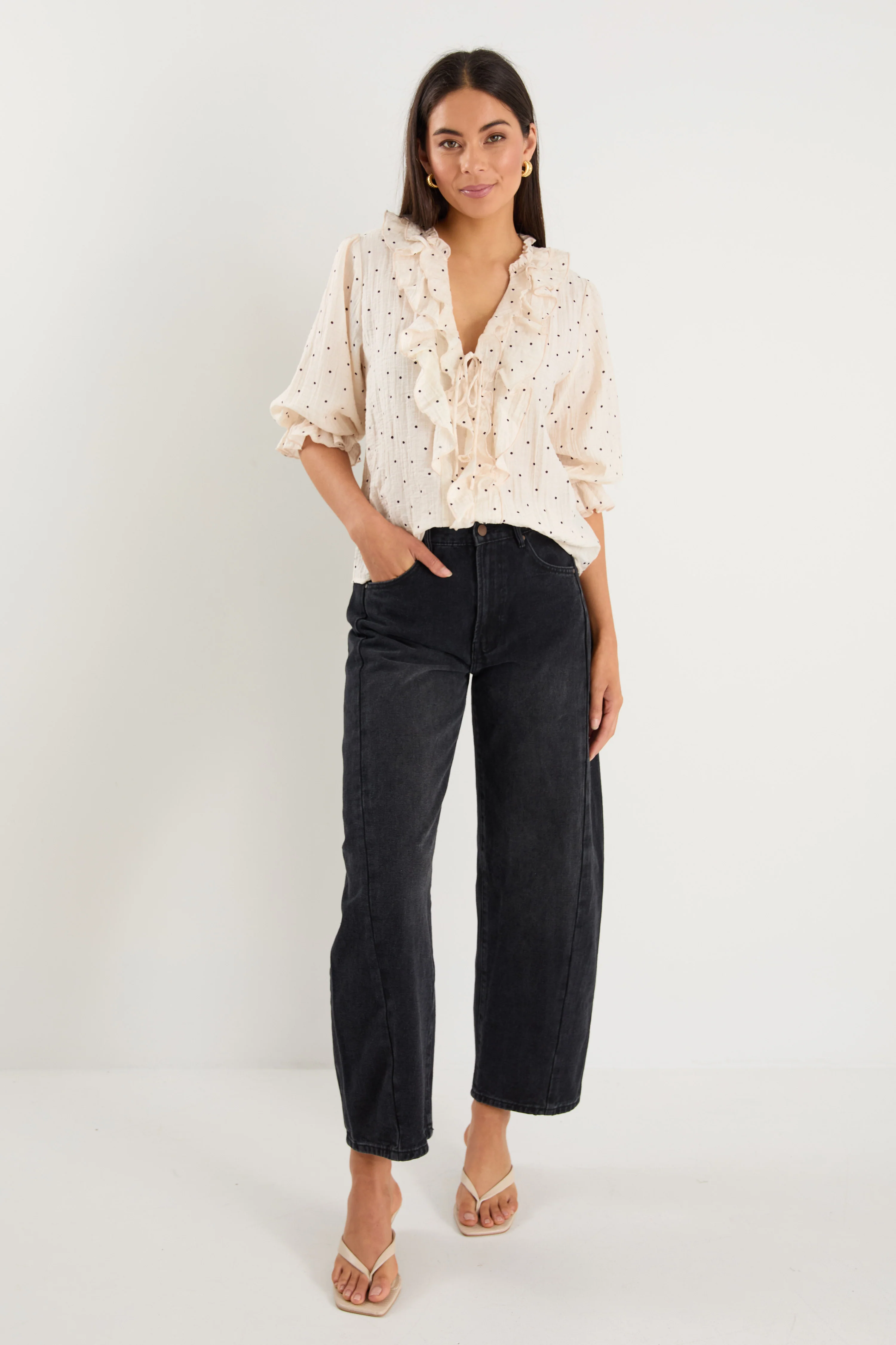 Garnish Cream Black Polka Dot Frill Front Mid Sleeve Top - Image 2