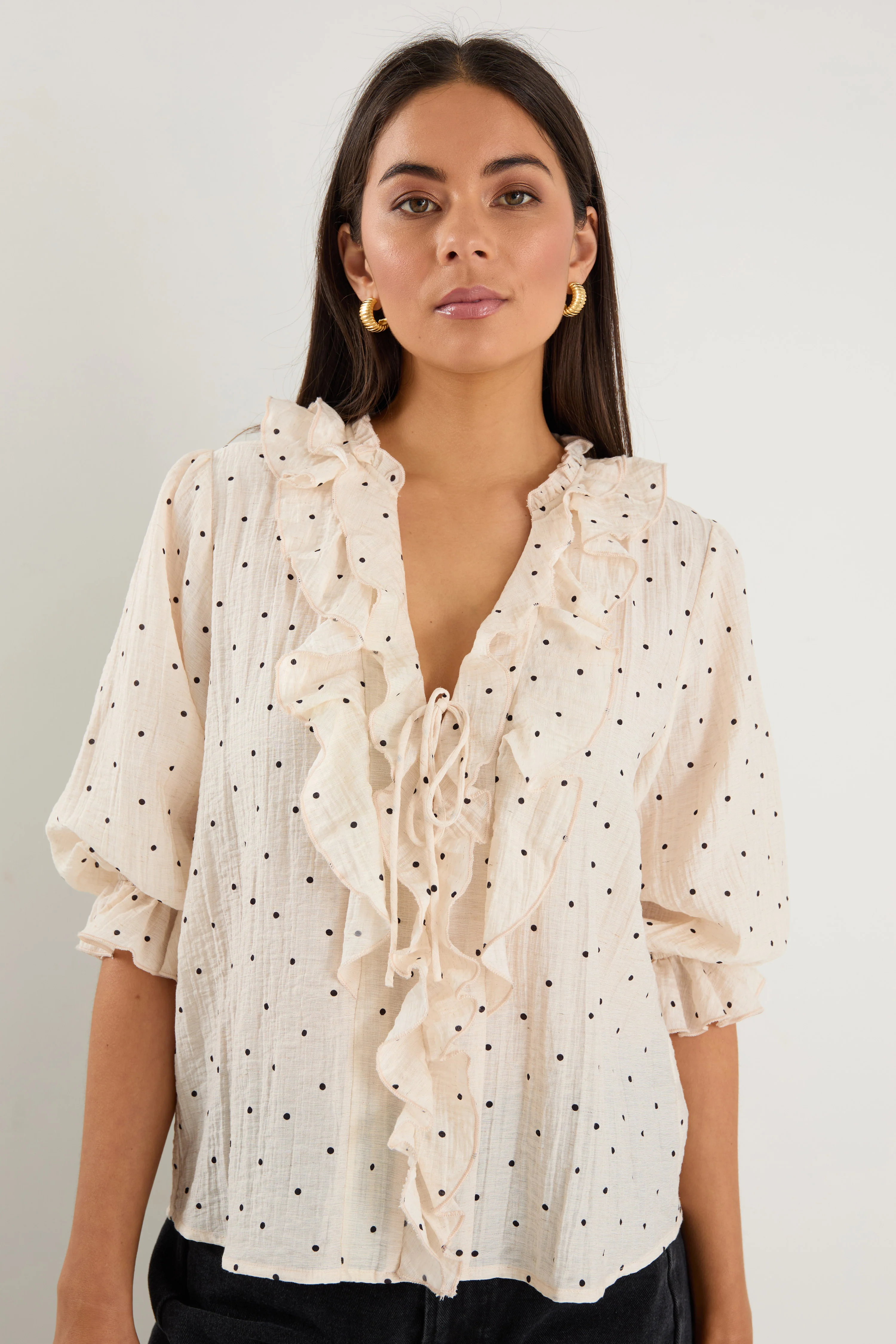 Garnish Cream Black Polka Dot Frill Front Mid Sleeve Top - Image 3