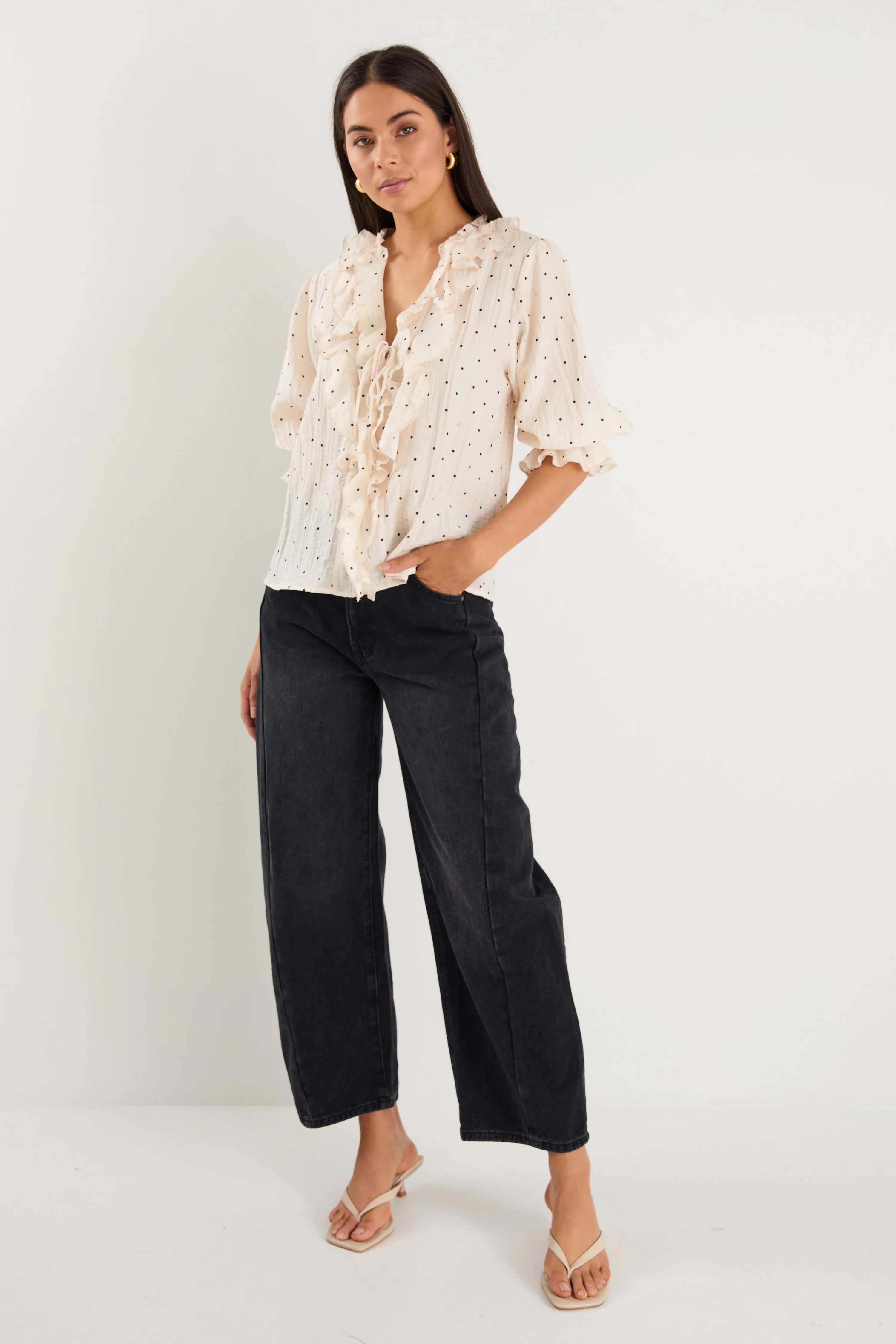 Garnish Cream Black Polka Dot Frill Front Mid Sleeve Top - Image 4