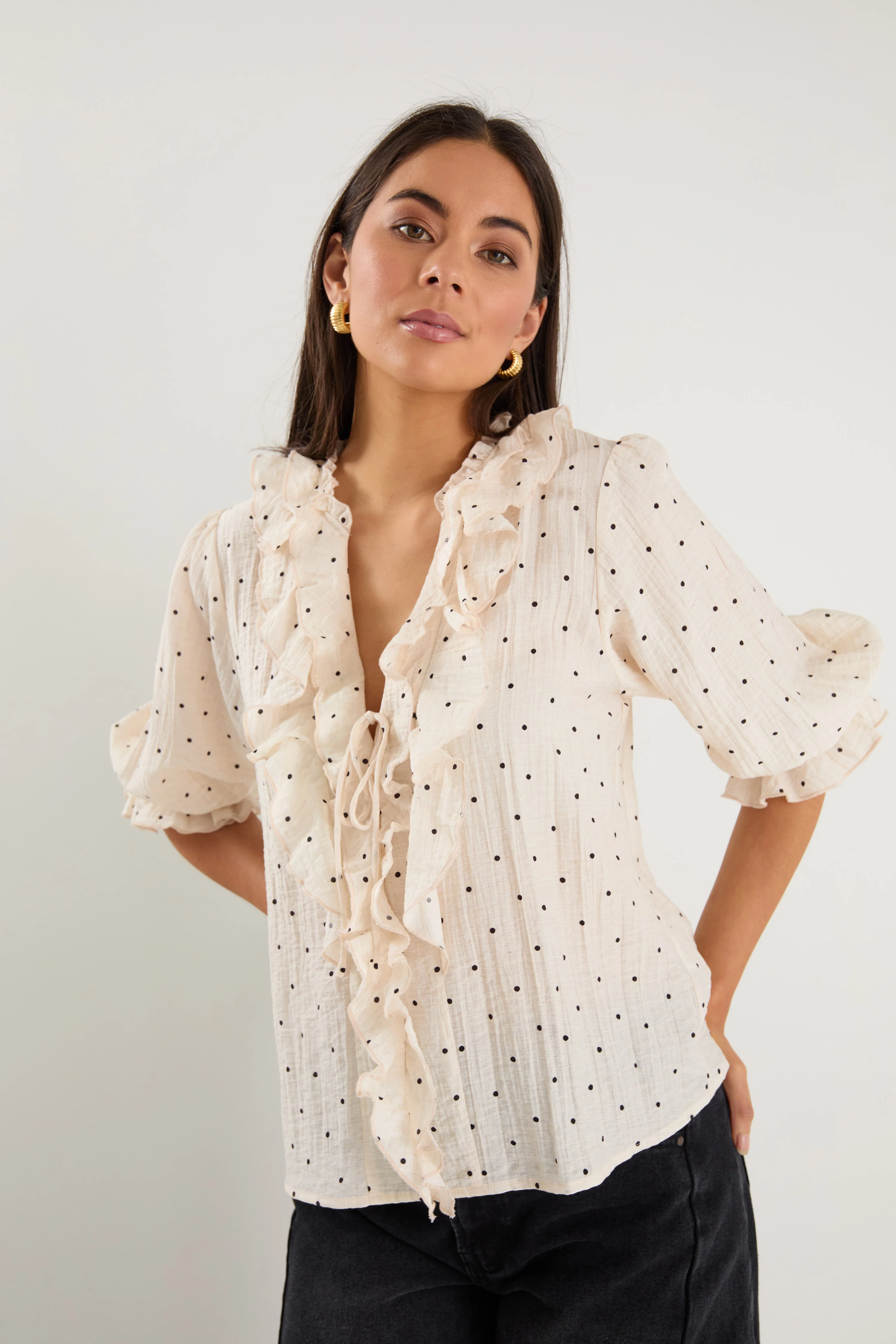 Garnish Cream Black Polka Dot Frill Front Mid Sleeve Top - Image 5
