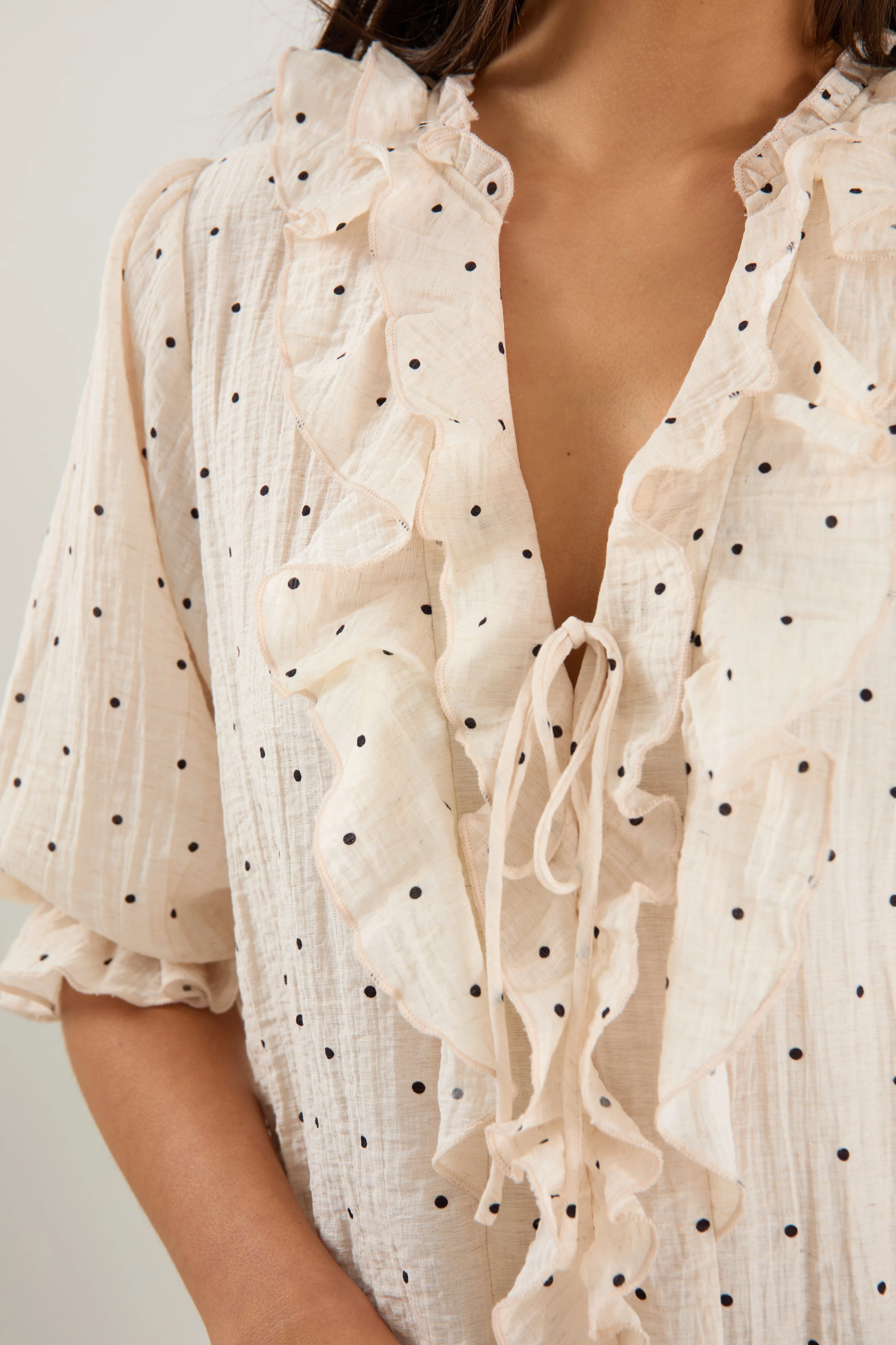 Garnish Cream Black Polka Dot Frill Front Mid Sleeve Top - Image 6